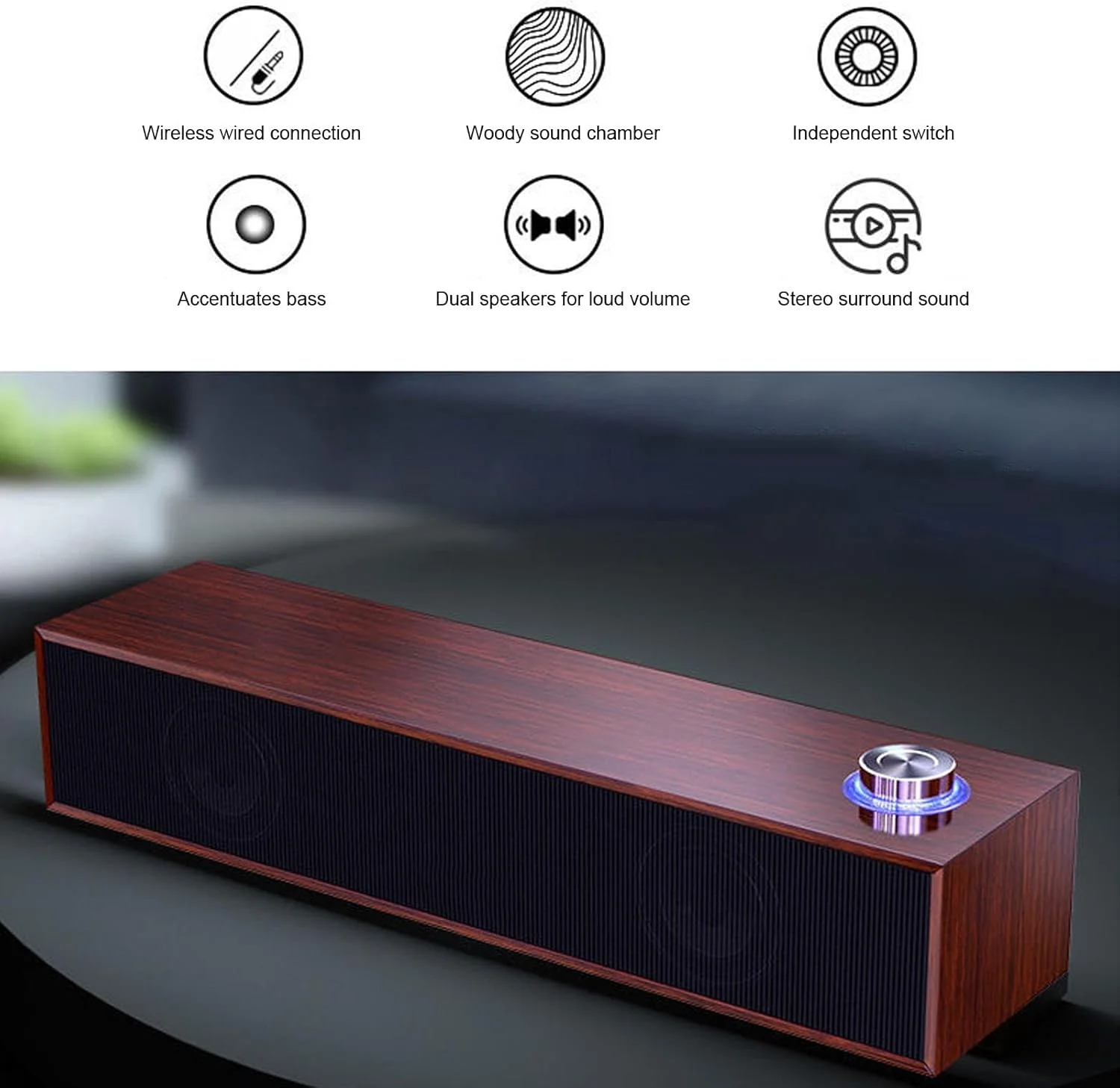 اسپیکر چوبی کامپیوتر برای دسکتاپ، مینی اسپیکر ساندبار با صدای استریو، اسپیکرهای کوچک کامپیوتر با تغذیه USB، با دکمه تنظیم صدا، پورت و پلاگ AUX 3.5 میلی متری، اتصال آسان