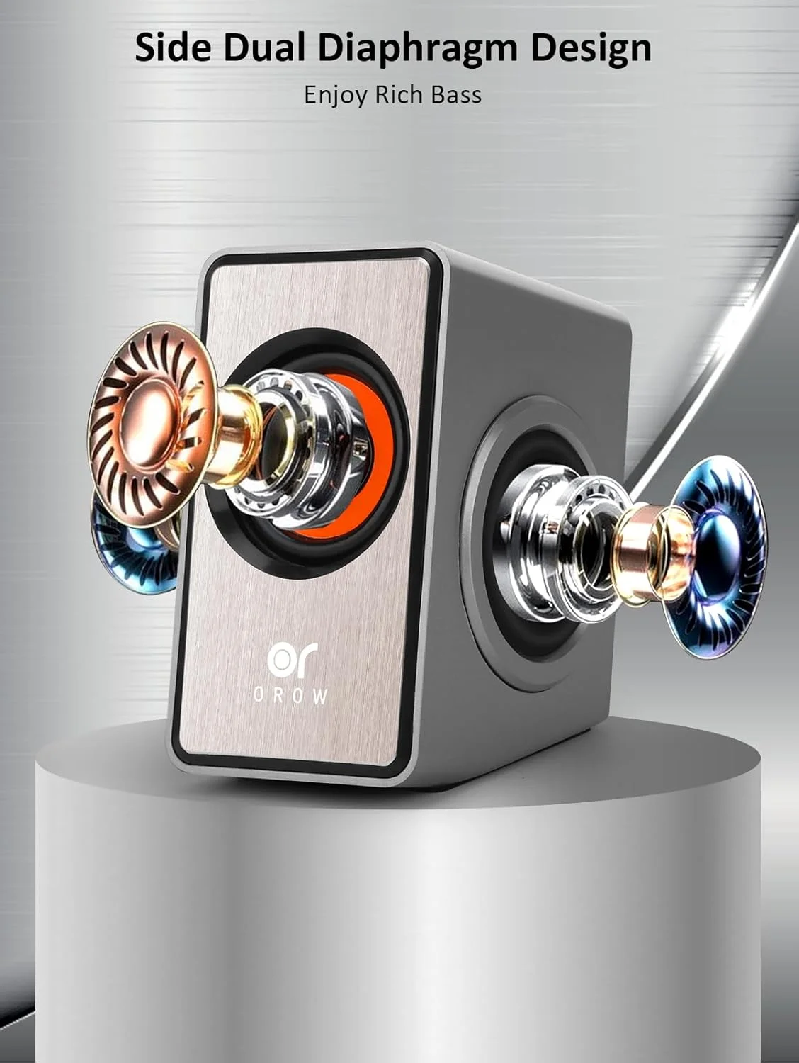 اسپیکر کامپیوتر OROW برای کامپیوتر رومیزی، اسپیکرهای رومیزی با صدای استریو با تغذیه USB، دیافراگم دوگانه، اندازه کوچک مناسب برای لپ تاپ، iMac، MacBook، کامپیوتر شخصی، مانیتور (نقره ای)