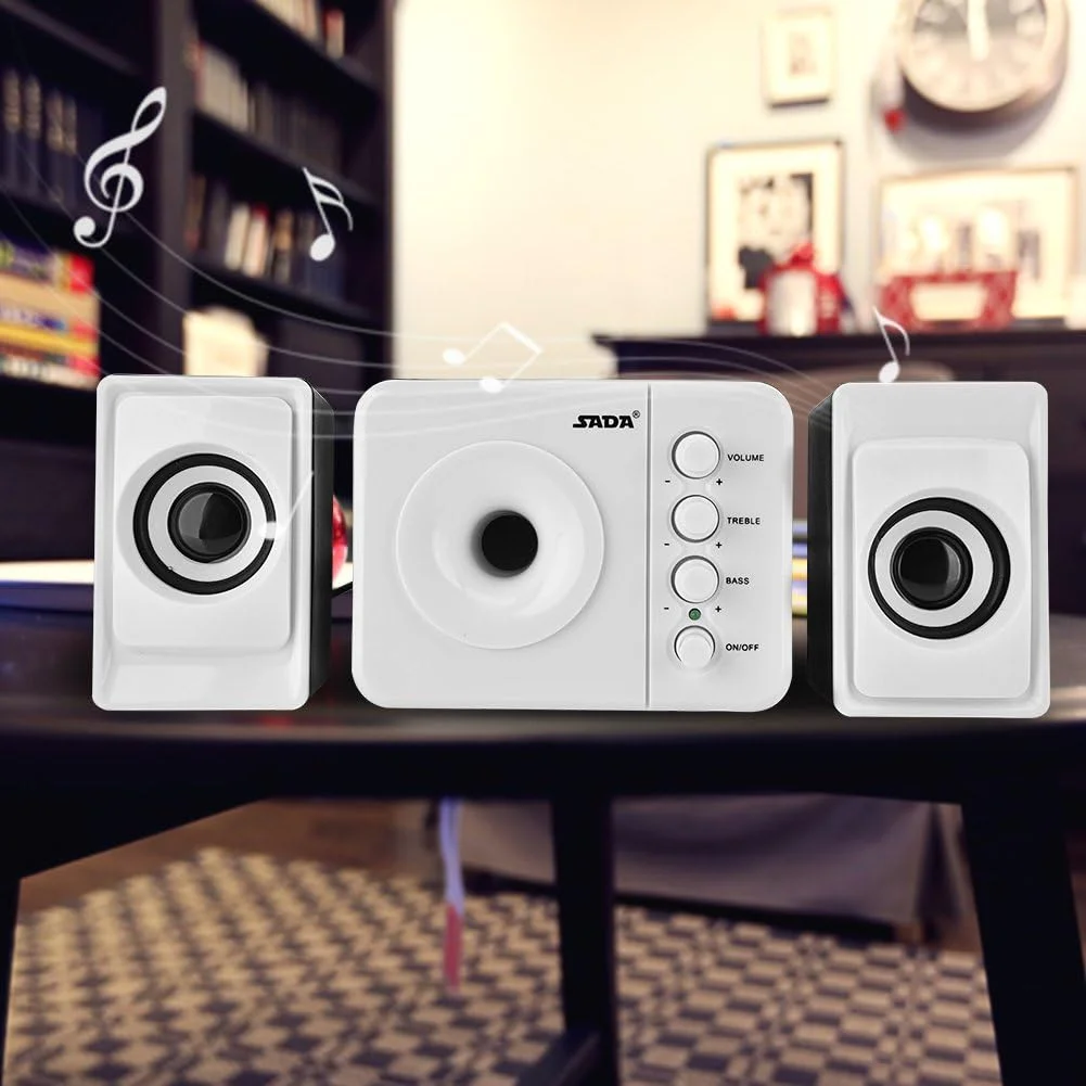اسپیکر کامپیوتر برای دسکتاپ، اسپیکرهای ترکیبی سیمی استریو باس دار USB 2.1 کوچک Sada برای تلفن همراه، تبلت، لپ تاپ، کامپیوتر شخصی یا کامپیوتر رومیزی (سفید)
