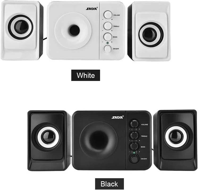 اسپیکر کامپیوتر برای دسکتاپ، اسپیکرهای ترکیبی سیمی استریو باس دار USB 2.1 کوچک Sada برای تلفن همراه، تبلت، لپ تاپ، کامپیوتر شخصی یا کامپیوتر رومیزی (سفید)