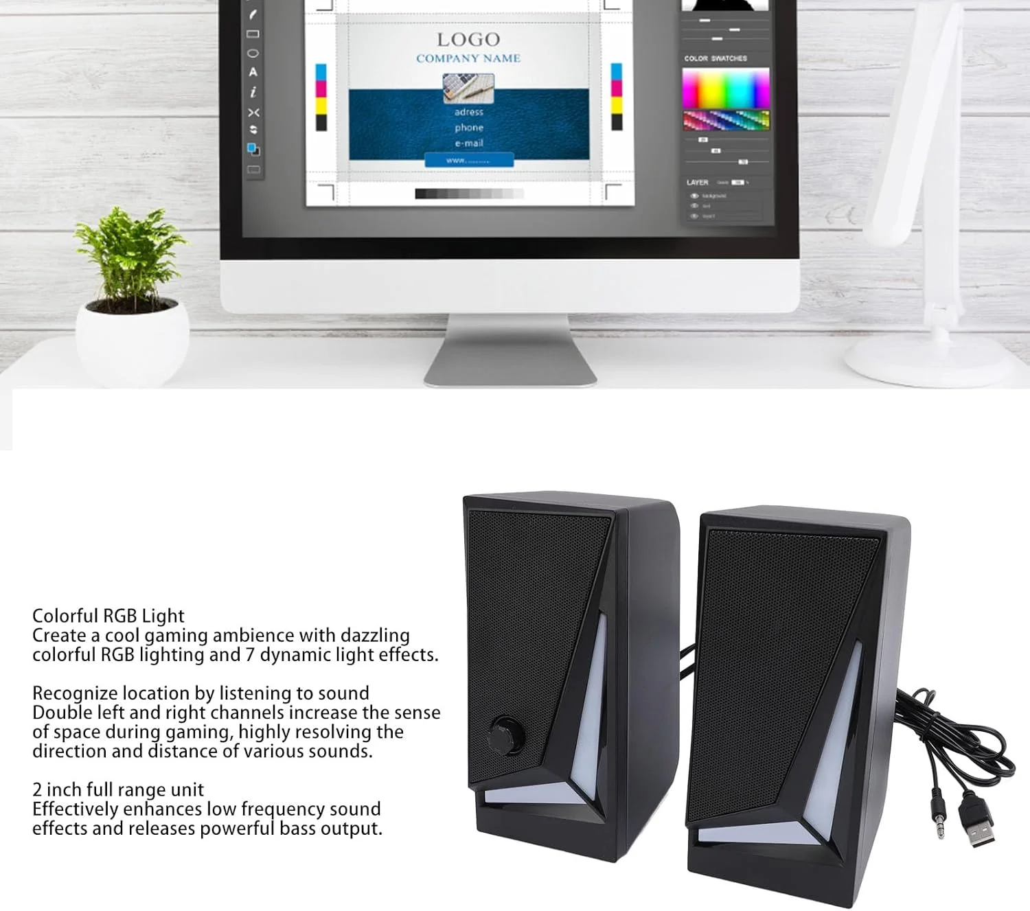 یک جفت اسپیکر کامپیوتر برای رایانه شخصی رومیزی، اسپیکرهای رومیزی USB RGB با پورت 3.5 میلی متری، Altavoces para PC Desktop Computer