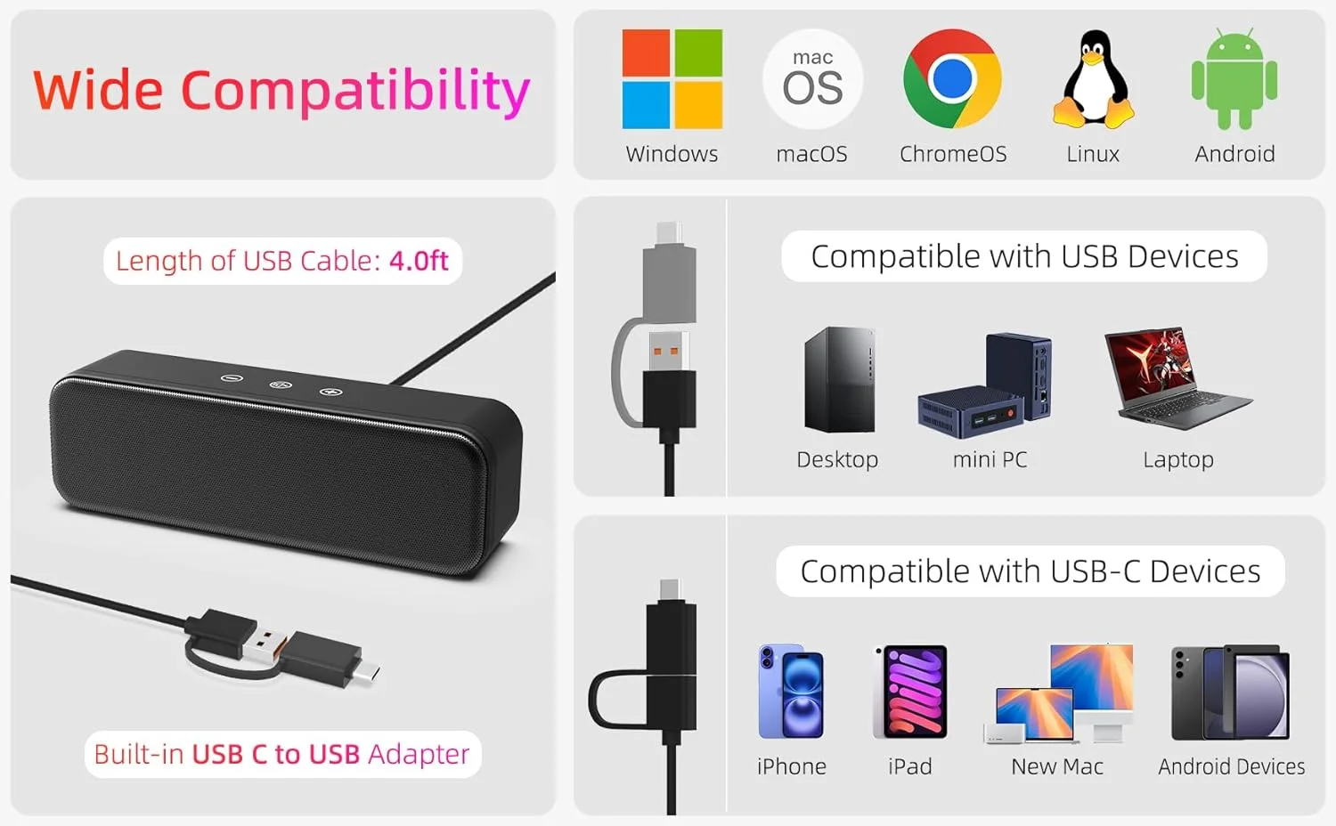 اسپیکر کامپیوتر برای کامپیوتر رومیزی، لپ تاپ، سیمی، اتصال USB، بلندگوهای خارجی برای مانیتور، ساندبار کوچک کامپیوتر برای کامپیوتر، بلندگوی بلند با باس عمیق، کنترل لمسی، دارای آداپتور USB-C به USB داخلی