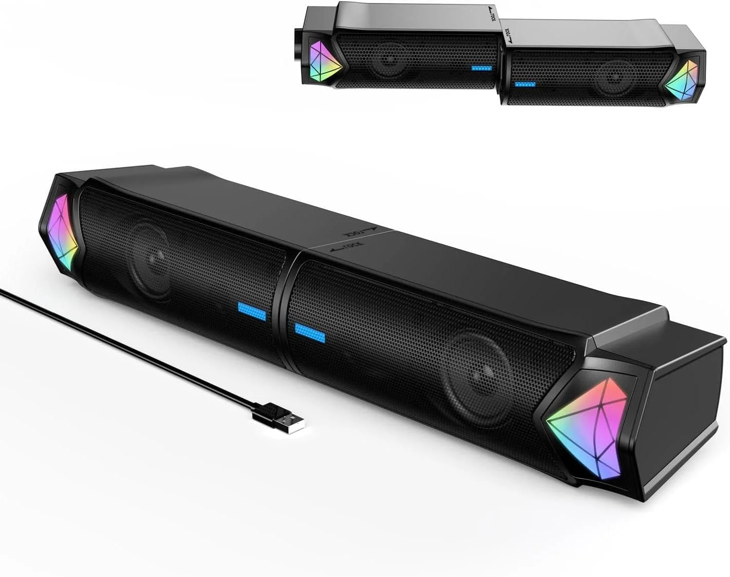 اسپیکر کامپیوتر، ساندبار بلوتوثی کامپیوتر با استریو HiFi و نورپردازی RGB - اسپیکرهای USB برای دسکتاپ، مانیتور، تلفن، کامپیوتر شخصی، لپ تاپ - شامل آداپتور C