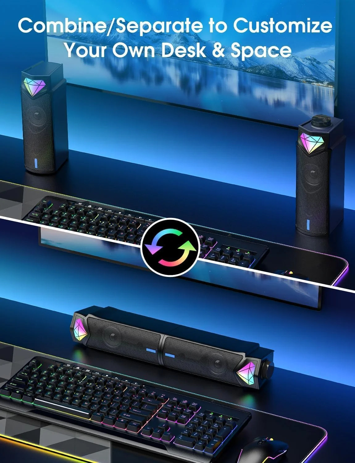 اسپیکر کامپیوتر، ساندبار بلوتوثی کامپیوتر با استریو HiFi و نورپردازی RGB - اسپیکرهای USB برای دسکتاپ، مانیتور، تلفن، کامپیوتر شخصی، لپ تاپ - شامل آداپتور C