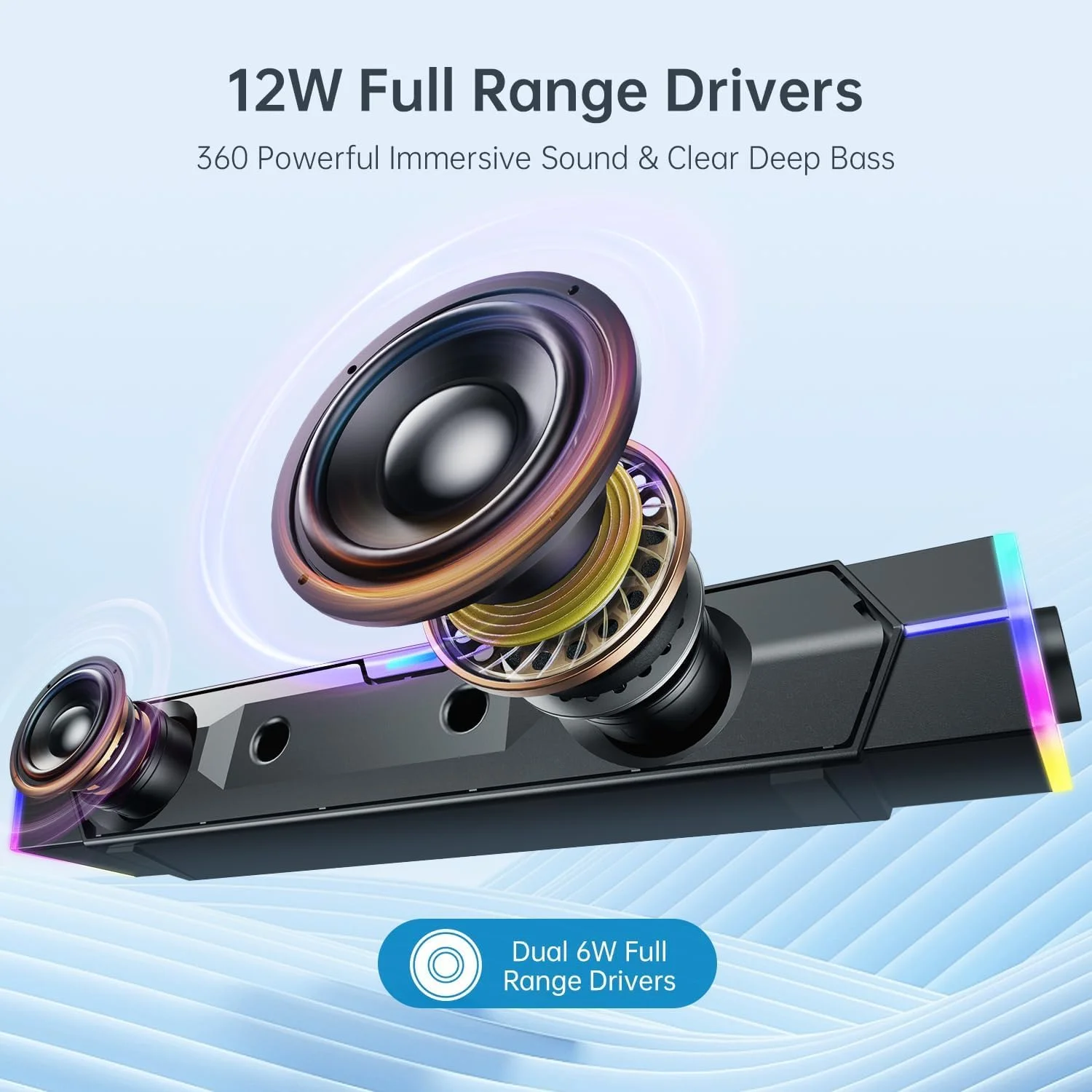 اسپیکر کامپیوتر Azonee V18 Plus، ساندبار کامپیوتر بلوتوثی V5.3 با منبع تغذیه USB، ساندبار نورپردازی رنگارنگ با دکمه سوئیچ، ساندبار صدای استریو فراگیر برای کامپیوتر شخصی، دسکتاپ، لپ تاپ