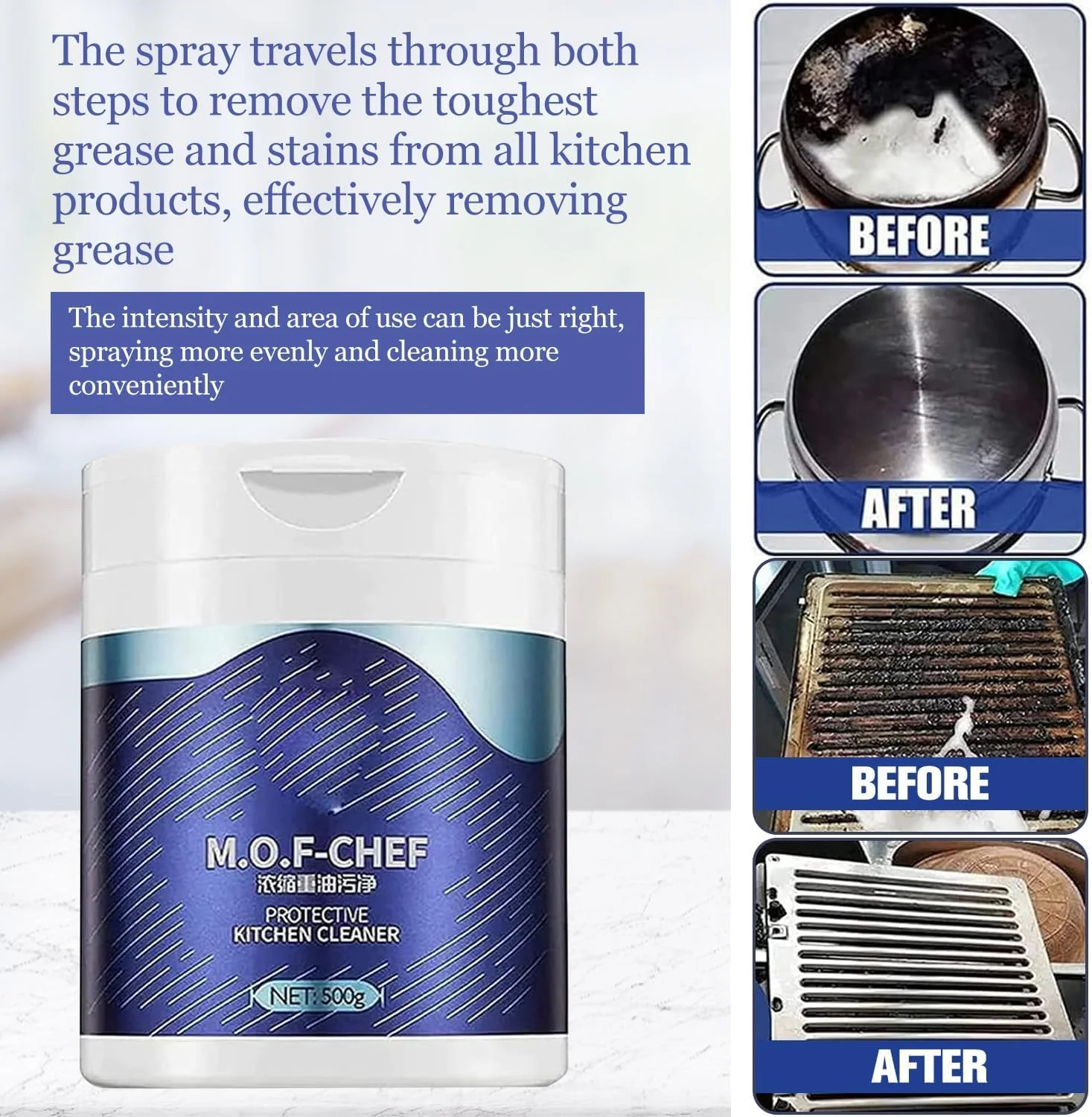 پاک کننده محافظ آشپزخانه آزونی موف شف، پودر پاک کننده موف شف، پودر پاک کننده لکه های روغن سنگین، پودر پاک کننده چند منظوره آشپزخانه قوی (1 عدد + اسفنج)