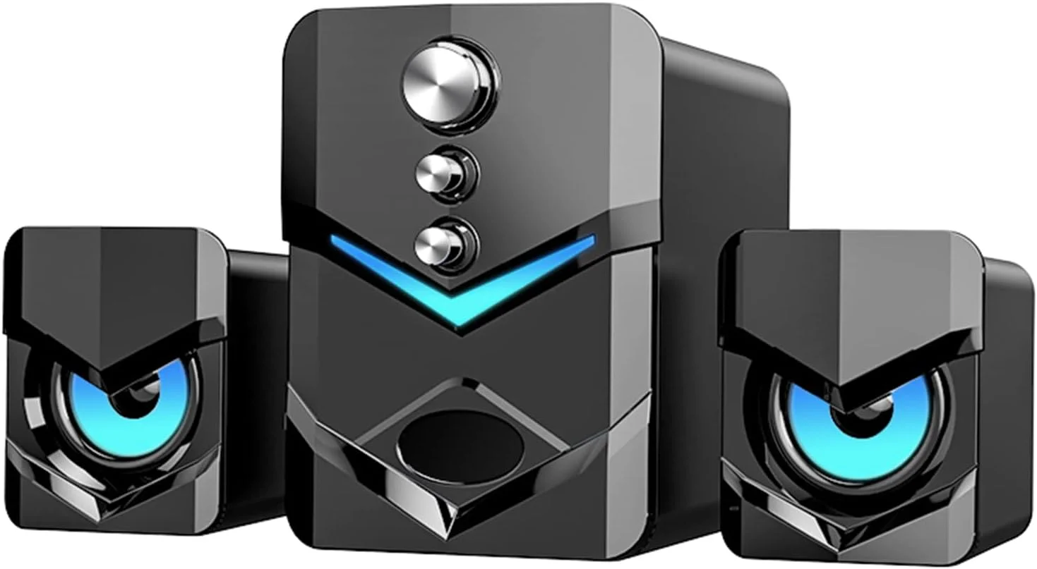 اسپیکر کامپیوتر مدل D-222 با ساب ووفر، اسپیکرهای استریو 2.1 با تغذیه USB، دارای نور LED و ورودی صدای 3.5 میلی متری برای لپ تاپ و کامپیوتر