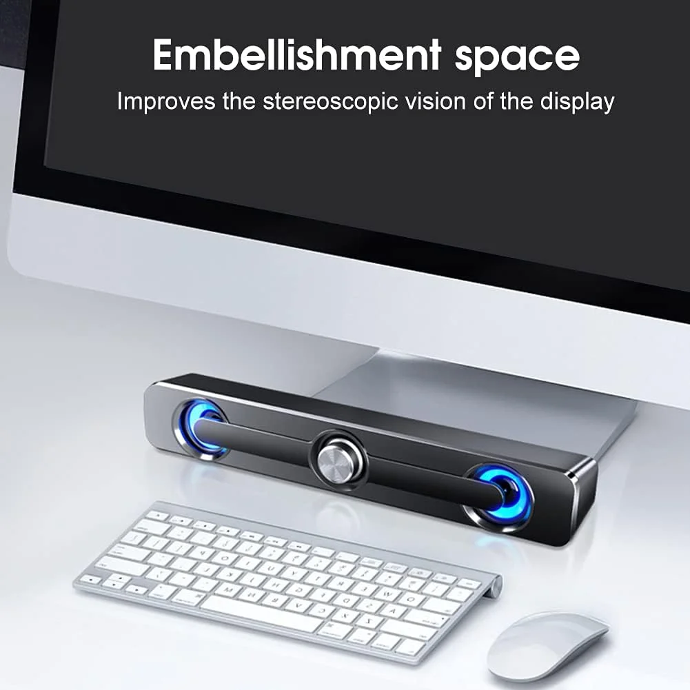 اسپیکر کامپیوتر، اسپیکر باس یونیورسال جک 3.5 میلی متری با نور LED، اسپیکر استریو قابل حمل برای لپ تاپ و نوت بوک رومیزی (مشکی)