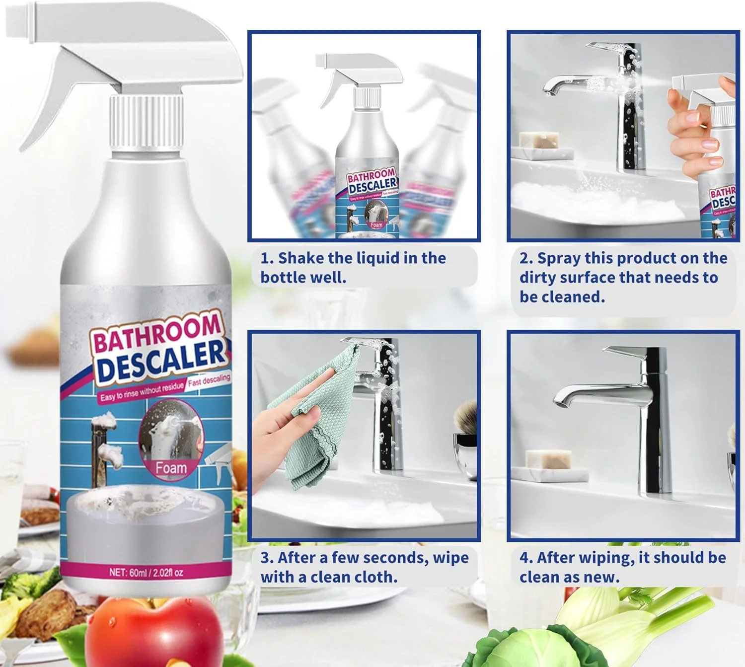 اسپری رسوب زدای حمام آزونی، پاک کننده لکه های سرسخت حمام، پاک کننده حبابی چند منظوره حمام، برای توالت، حمام، آشپزخانه، ماشین، فرش و انواع کف، 60 میلی لیتر اسپری رسوب زدای حمام آزونی، پاک کننده لکه های سرسخت حمام، پاک کننده حبابی چند منظوره حمام، برای توالت، حمام، آشپزخانه، ماشین، فرش و انواع کف، 60 میلی لیتر