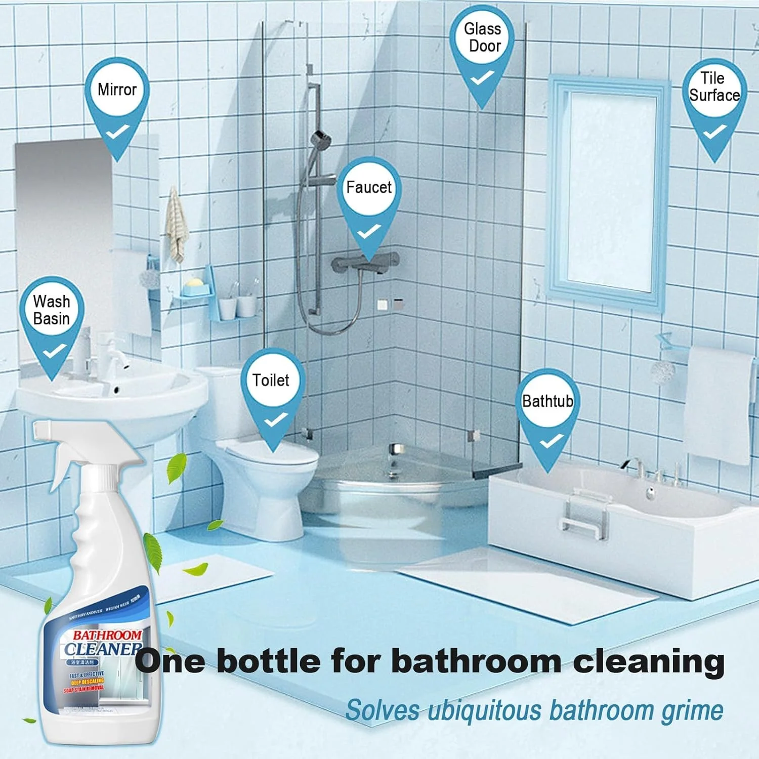 اسپری پاک کننده رسوب حمام Azonee حجم 500 میلی لیتر، پاک کننده لکه های سرسخت، پاک کننده چند منظوره برای کاشی، کف، درب شیشه ای حمام، سینک های سرامیکی، وان حمام، شیرآلات استیل، توالت