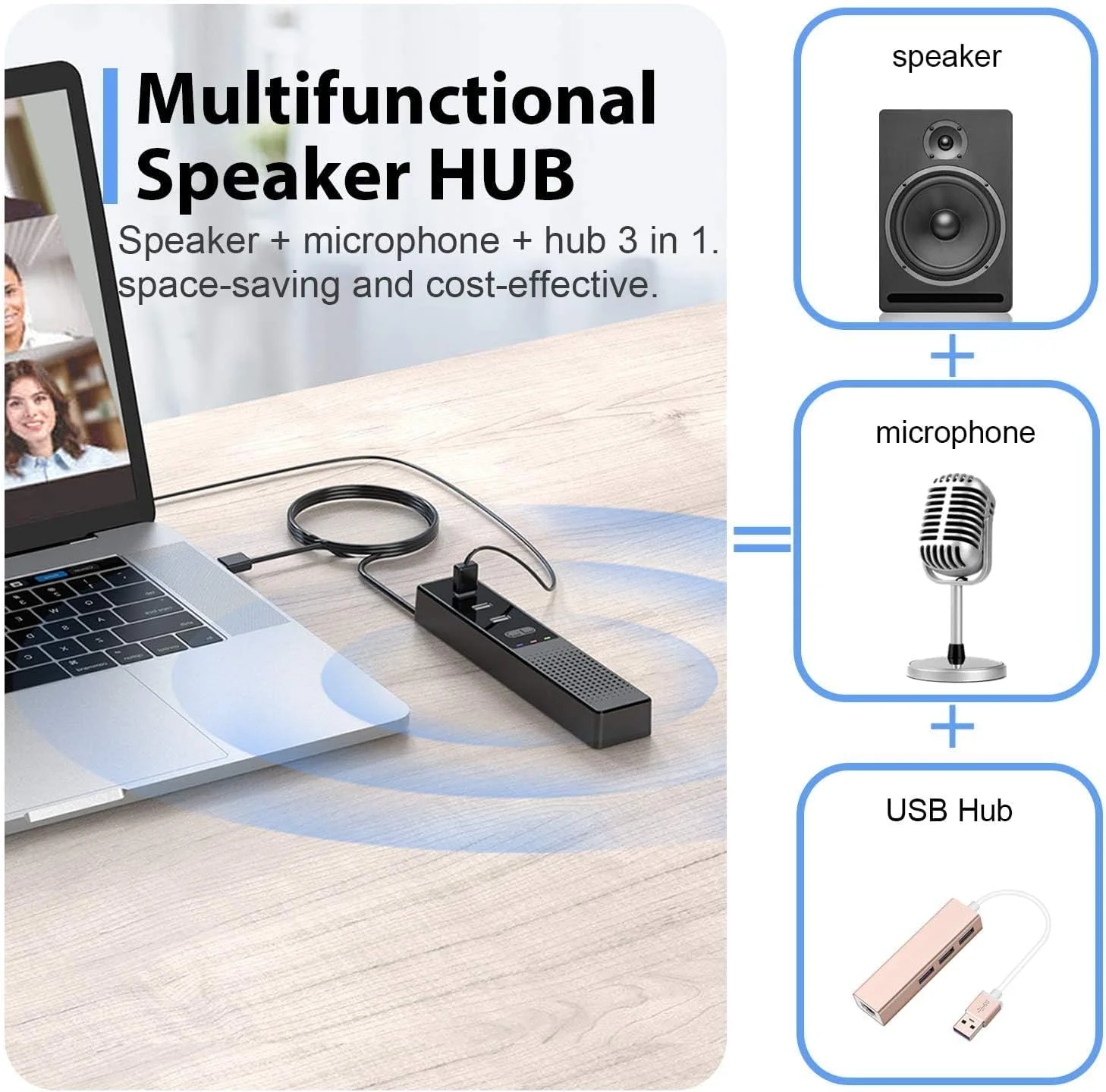 اسپیکر کامپیوتر USB سه در یک با میکروفون برای لپ تاپ و کامپیوتر رومیزی، ایده آل برای دفتر کار خانگی و آموزش آنلاین، دریافت صدای 360 درجه، حذف نویز برای زوم، مایکروسافت تیمز، اسکایپ و غیره