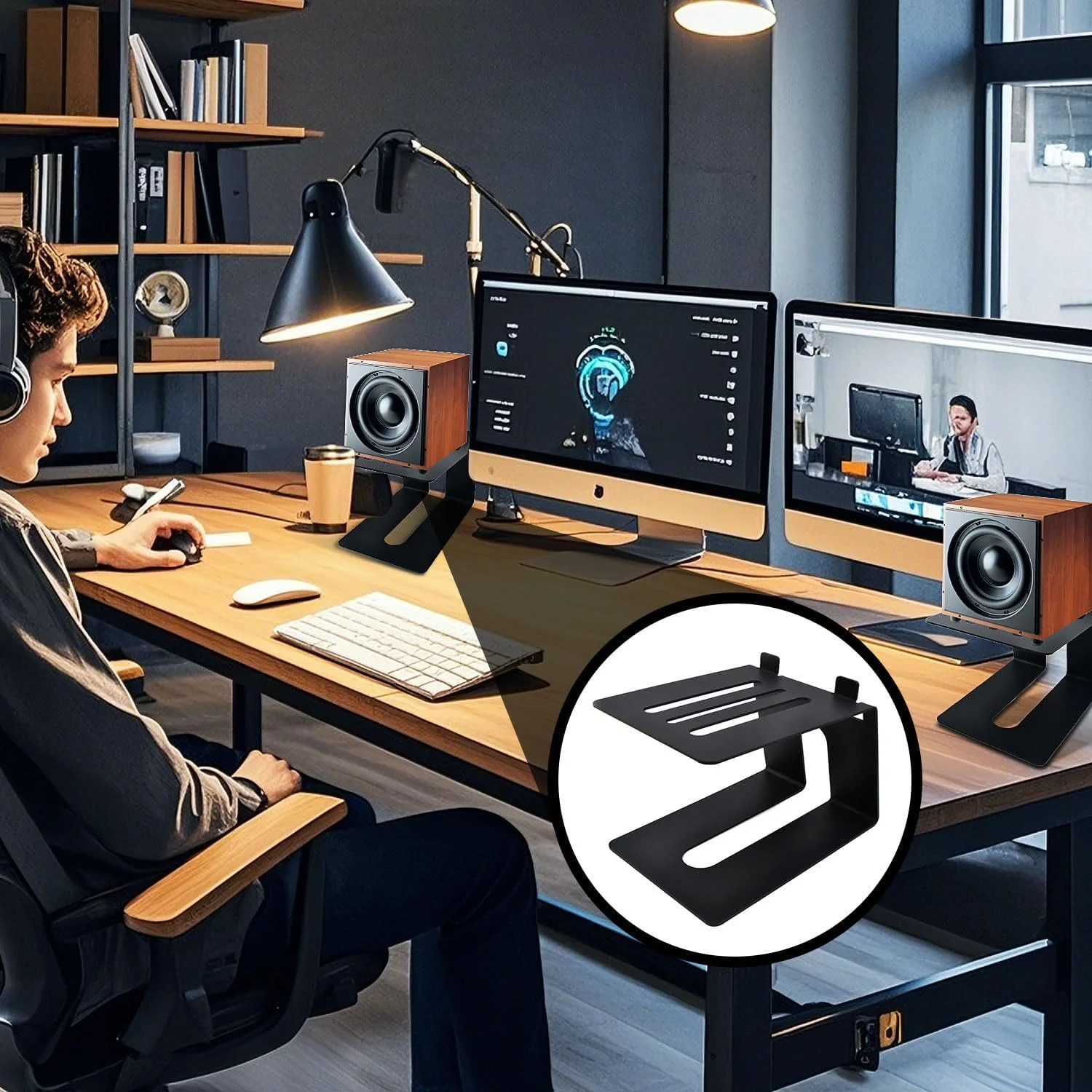 پایه رومیزی بلندگو یک جفت، پایه فلزی بلندگو قفسه کتابی با پدهای جذب لرزش، پایه بلندگوی کامپیوتر با شیب 5 درجه، پایه مانیتور استودیویی با تحمل وزن 13.6 کیلوگرم، بهبود تجربه شنیداری، مشکی