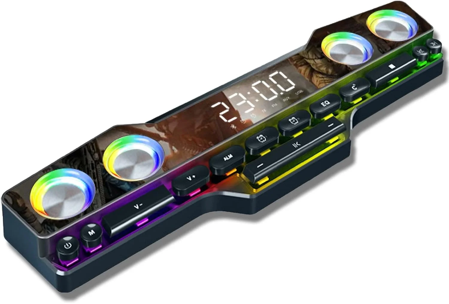 اسپیکرهای گیمینگ بی‌سیم، ساب ووفر بلوتوث 5.0 برای کامپیوتر و لپ‌تاپ، با نورپردازی جذاب RGB پویا، 13 کلید مکانیکی، استقامت بالا، صدای استریو HiFi 4D، ساعت زنگ‌دار، FM، برای پروژکتور، تلفن و کامپیوتر