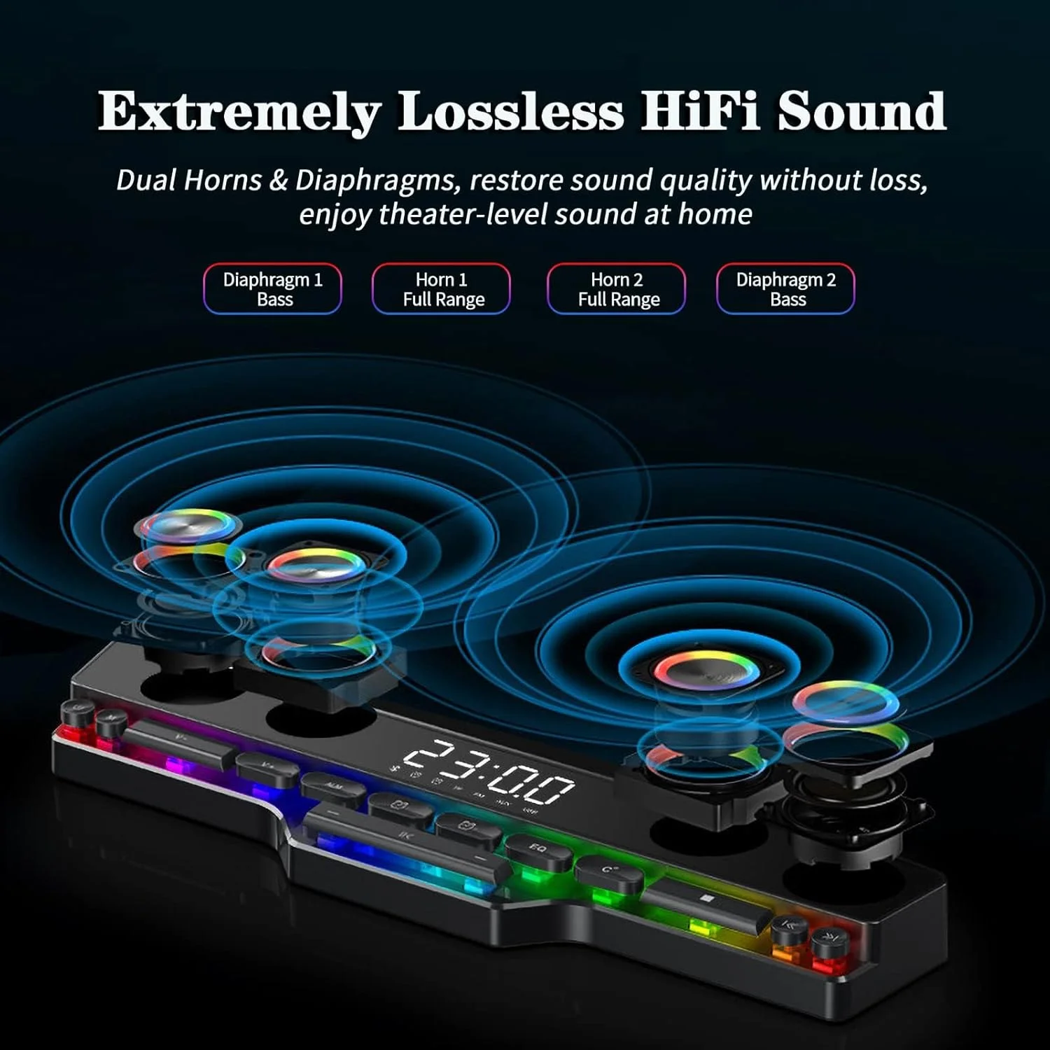اسپیکرهای گیمینگ بی‌سیم، ساب ووفر بلوتوث 5.0 برای کامپیوتر و لپ‌تاپ، با نورپردازی جذاب RGB پویا، 13 کلید مکانیکی، استقامت بالا، صدای استریو HiFi 4D، ساعت زنگ‌دار، FM، برای پروژکتور، تلفن و کامپیوتر