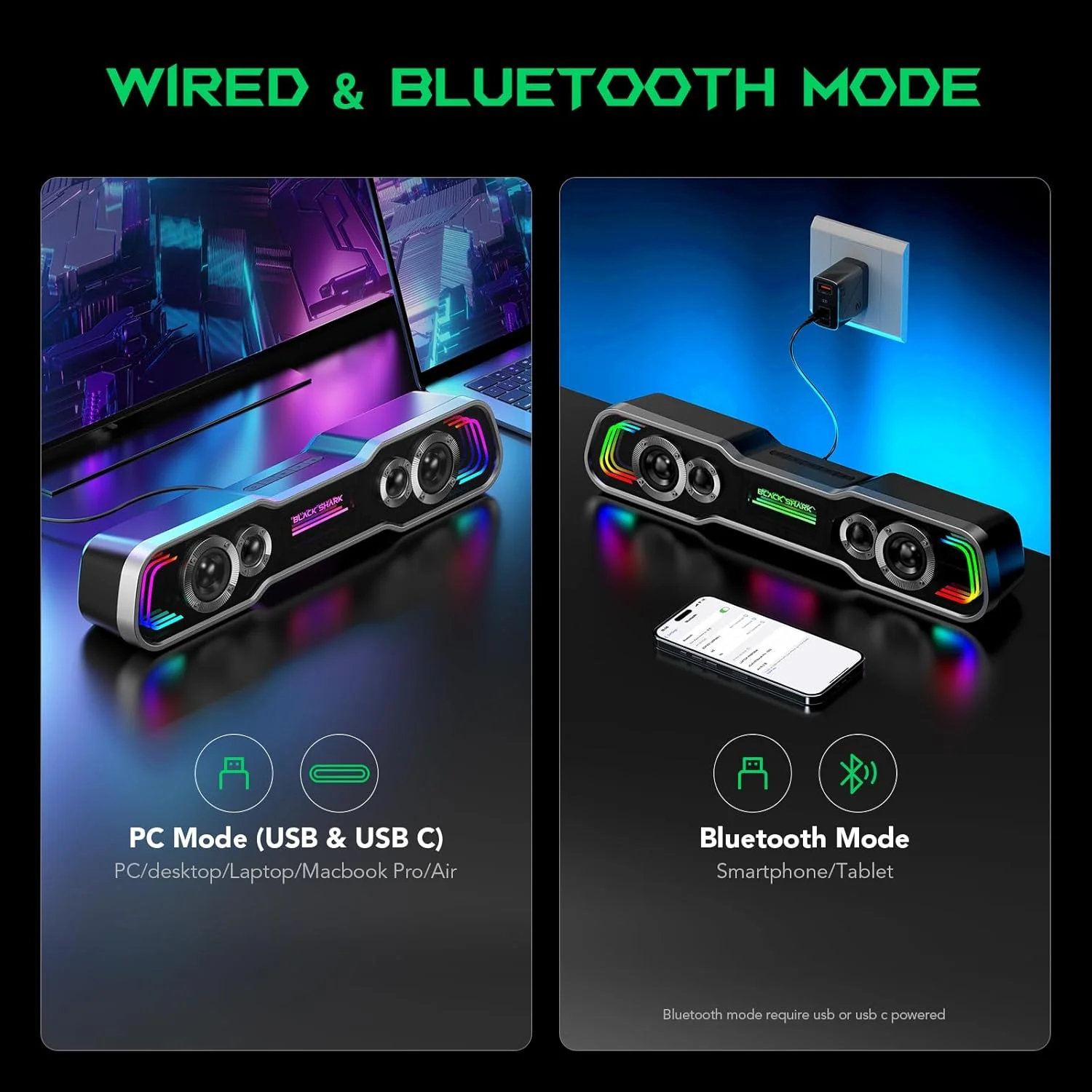 اسپیکر کامپیوتر بلوتوثی Black Shark BS-SP1 برای دسکتاپ، اسپیکر گیمینگ کامپیوتر با 5 نور رنگی و صدای استریو، ساندبار USB C/USB برای مانیتور کامپیوتر، لپ تاپ