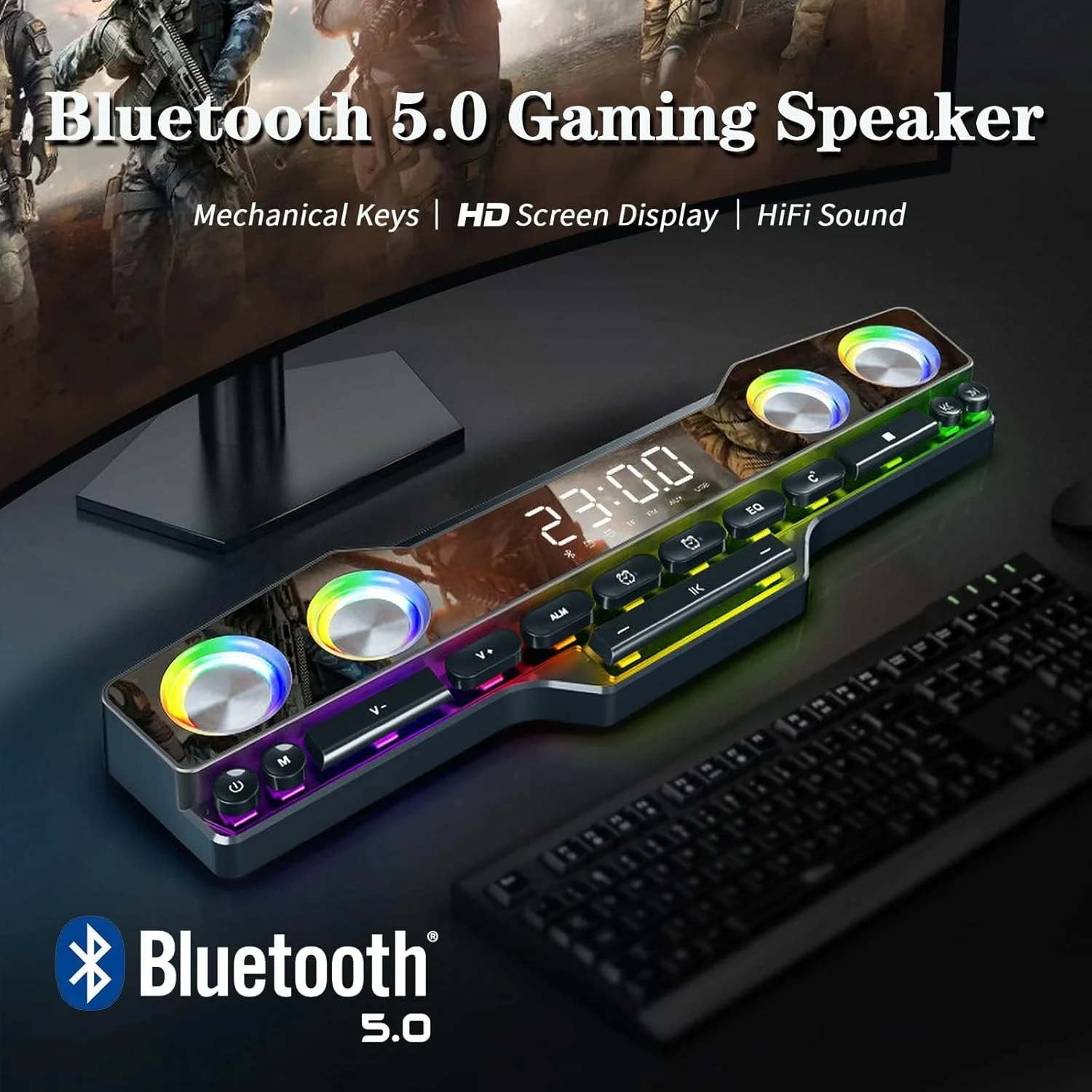 اسپیکرهای گیمینگ بی‌سیم، ساب ووفر بلوتوث 5.0 برای کامپیوتر و لپ‌تاپ، با نورپردازی جذاب RGB پویا، 13 کلید مکانیکی، استقامت بالا، صدای استریو HiFi 4D، ساعت زنگ‌دار، FM، برای پروژکتور، تلفن و کامپیوتر