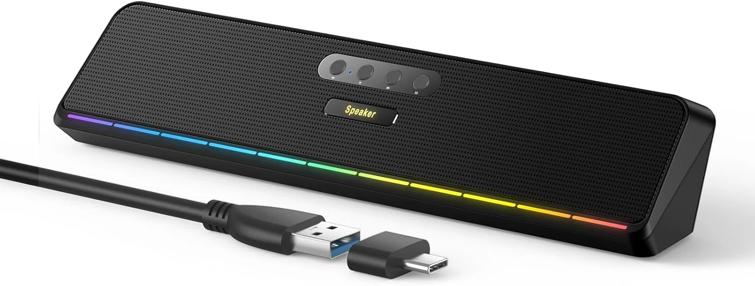 اسپیکر ساندبار کامپیوتر رومیزی Azonee | بلوتوث 5.3 و USB سیمی - LED RGB پویا، صدای استریو 2x3W | اتصال آسان برای کامپیوتر، لپ تاپ، تبلت و بازی | شامل آداپتور USB-A برای مک
