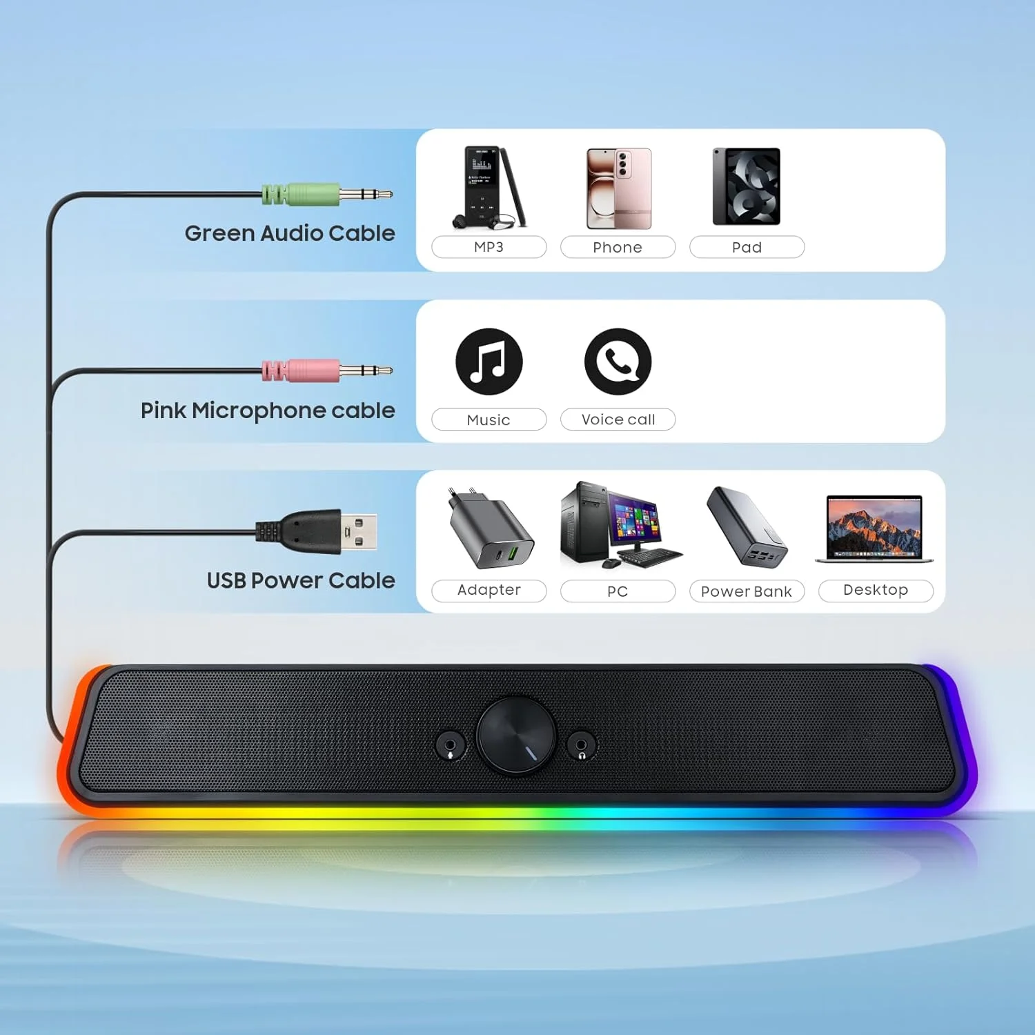 اسپیکر کامپیوتر Baytion، اسپیکر لمسی لپ تاپ با صدای فراگیر عالی، ساندبار استریو 6 واتی با تغذیه USB با 2 دیافراگم، ورودی AUX 3.5 میلی متری، ساندبار سیمی برای لپ تاپ کامپیوتر رومیزی