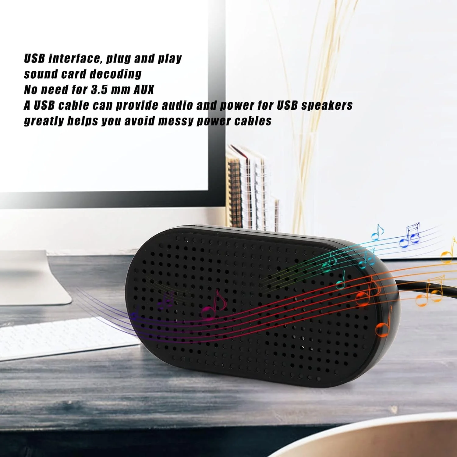 اسپیکرهای استریو USB کوچک Bewinner با کارت صدای داخلی، اسپیکرهای دوگانه قابل حمل Plug and Play، صدای فراگیر با USB برای لپ تاپ و کامپیوتر، مشکی