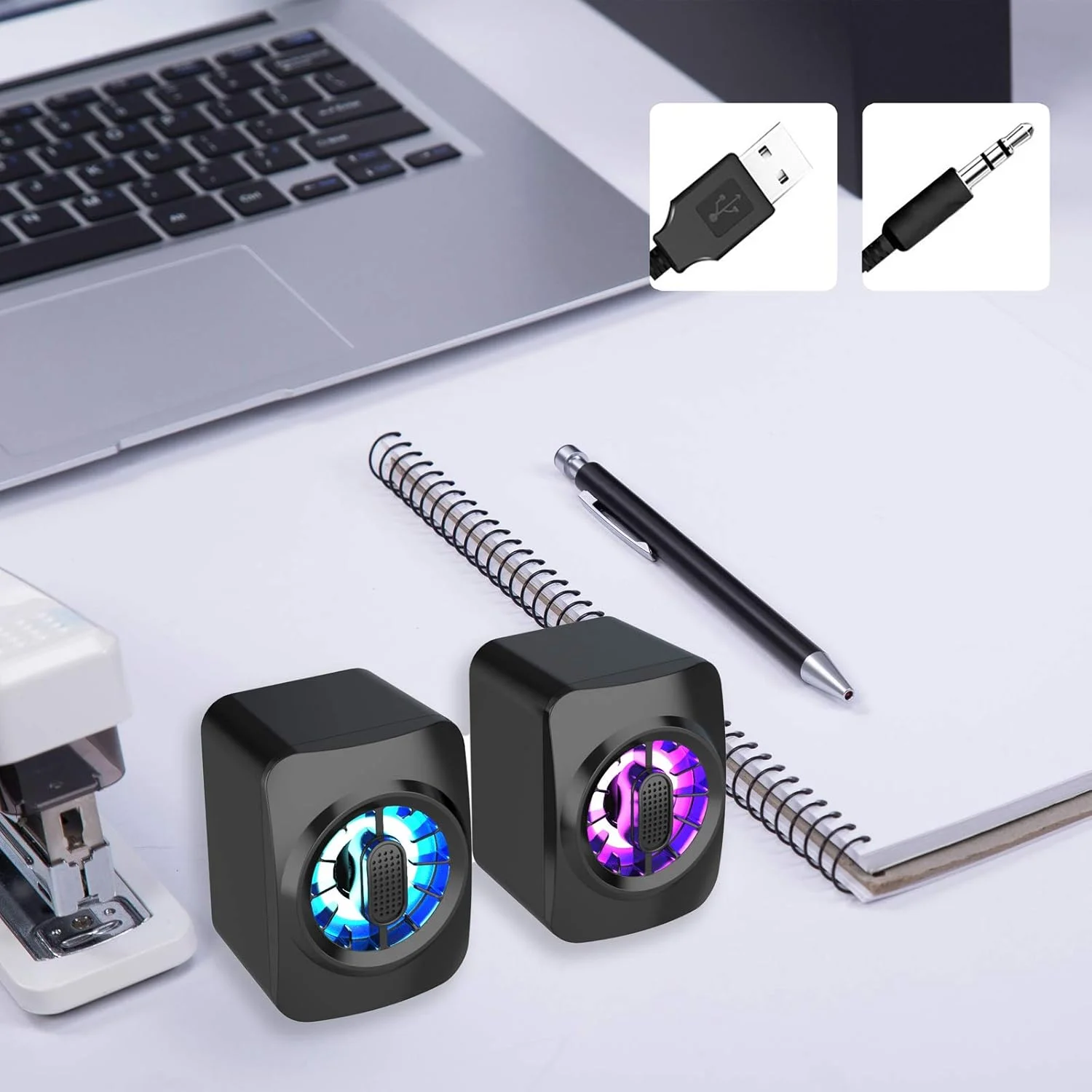 اسپیکر کامپیوتر Ametoys A1، اسپیکر مینی قابل حمل RGB، جعبه صدای سیمی 3.5 میلی متری با تغذیه USB، ساب ووفر 6 واتی با کنترل برای لپ تاپ، کامپیوتر رومیزی، تبلت، کامپیوتر شخصی و تلفن هوشمند