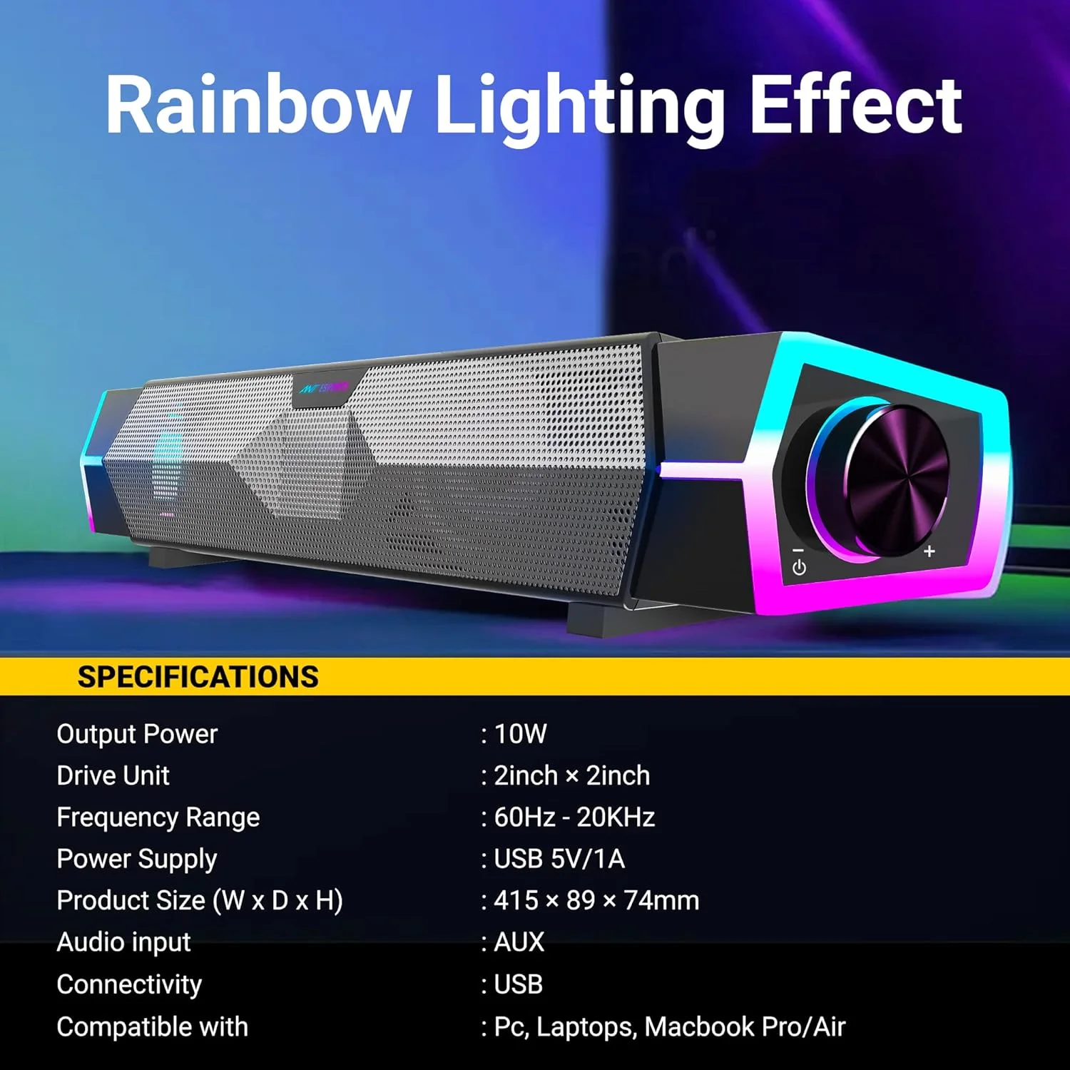 اسپیکر گیمینگ Ant Esports GS370SB برای مانیتور دسکتاپ، ساندبار RGB پویا با صدای استریو HiFi با تغذیه USB برای کامپیوتر، لپ تاپ، تبلت، تلفن های همراه