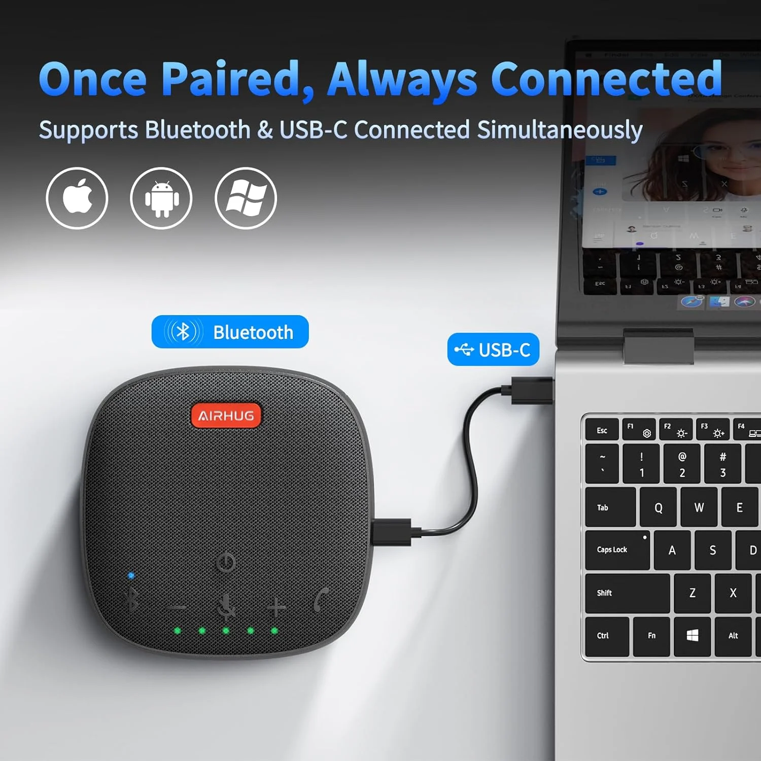 اسپیکرفون بلوتوث AIRHUG، اسپیکر کنفرانس با میکروفون، دریافت صدای 360 درجه، کاهش نویز پیشرفته، اتصال USB-C Plug & Play، سازگار با Zoom و MS Team