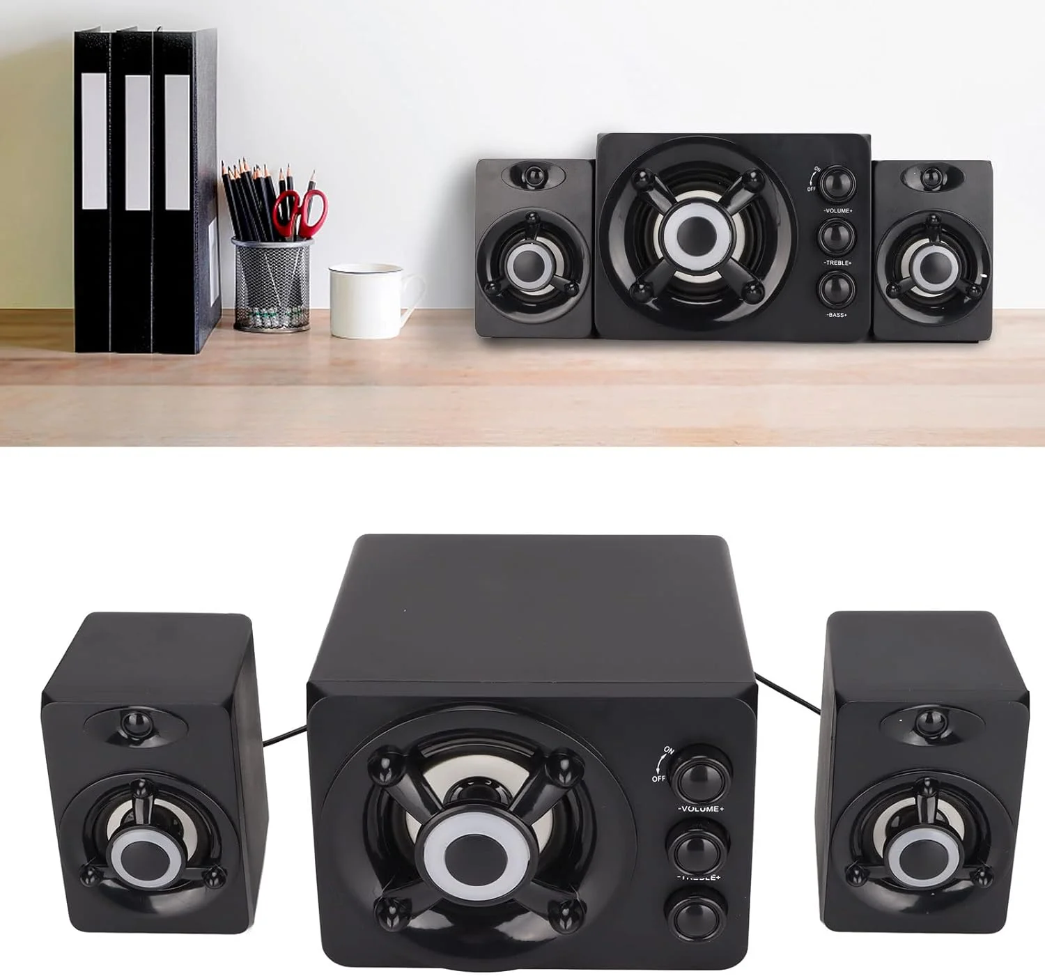 اسپیکر ساب ووفر رومیزی Jectse، اسپیکرهای استریو چند رسانه ای سیمی 3.5 میلی متری با نور RGB LED برای کامپیوتر لپ تاپ پورت USB DC 5V AUX (نسخه جدید مشکی)