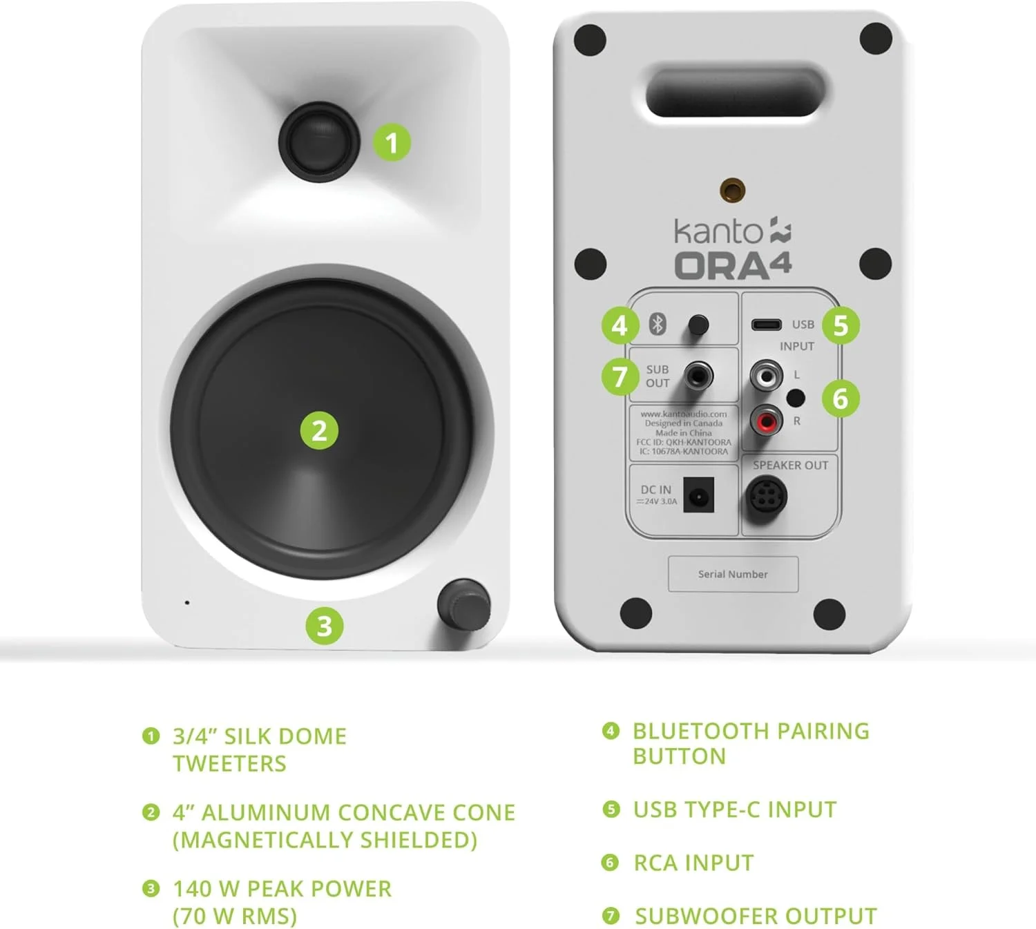 اسپیکرهای رفرنس 140 واتی Kanto ORA4 با بلوتوث 5.0 و ورودی USB-C | ووفر 4 اینچی | تقویت کننده دوگانه | صدای با کیفیت رفرنس | جفت | سفید
