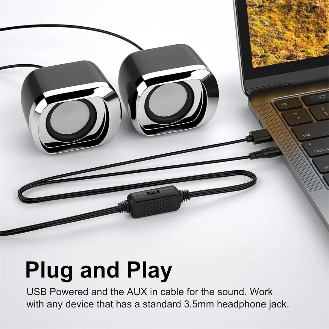 اسپیکر کوچک کامپیوتر KWSLIN، اسپیکر رومیزی دو کاناله با تغذیه USB با کنترل صدا و پلاگین صوتی 3.5 میلی متری، اسپیکرهای کوچک کامپیوتر با دیافراگم باس برای تبلت تلفن لپ تاپ، مشکی