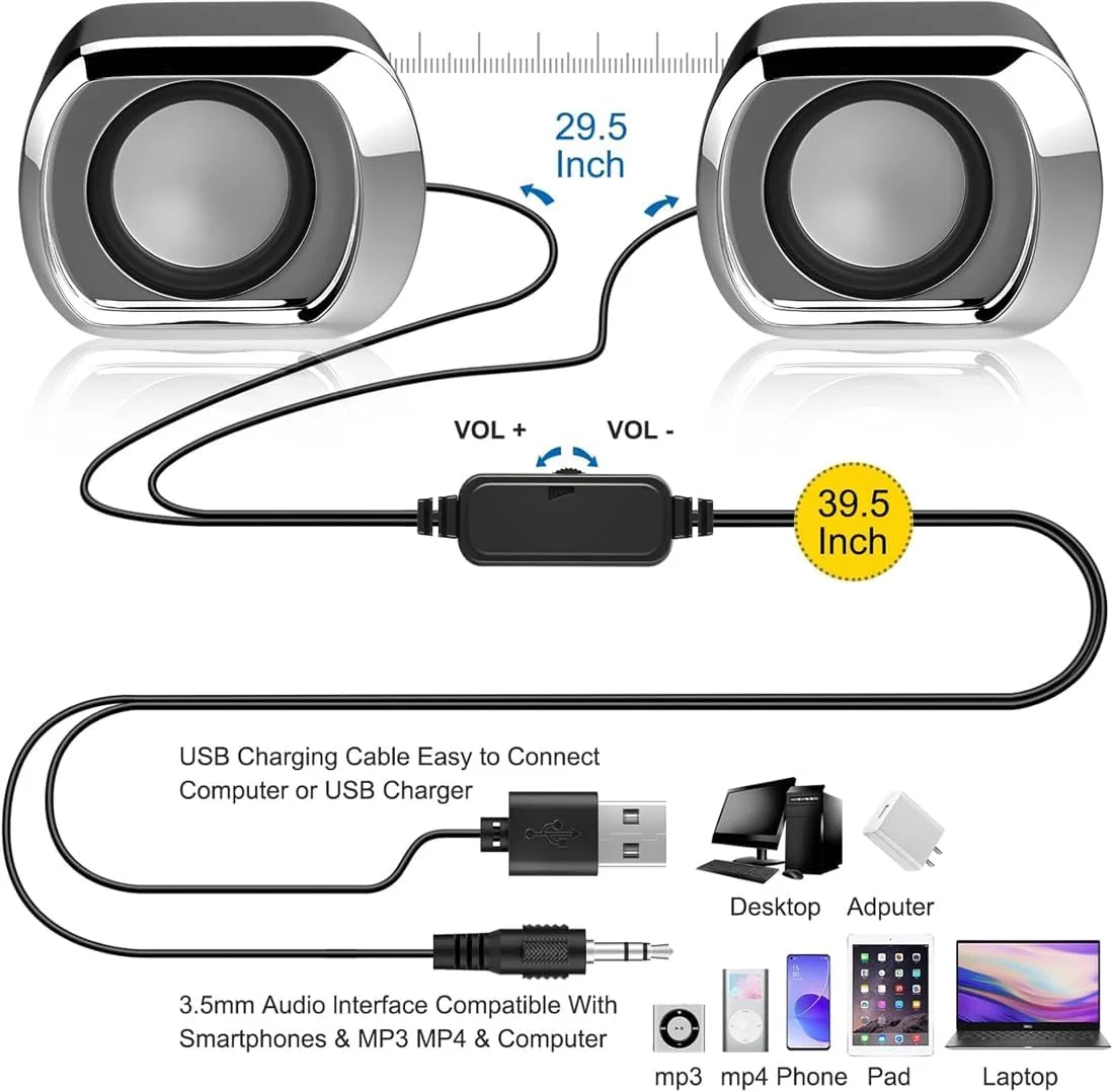 اسپیکر کوچک کامپیوتر KWSLIN، اسپیکر رومیزی دو کاناله با تغذیه USB با کنترل صدا و پلاگین صوتی 3.5 میلی متری، اسپیکرهای کوچک کامپیوتر با دیافراگم باس برای تبلت تلفن لپ تاپ، مشکی
