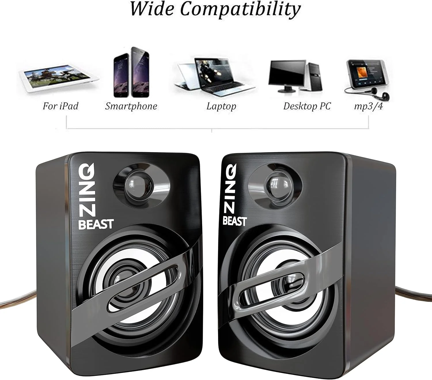 اسپیکر چند رسانه ای قابل حمل زینکیو تکنولوجیز مدل Beast با پورت USB 2.0 برای لپ تاپ/کامپیوتر، ورودی AUX، بیس عمیق، چراغ های LED، ورودی صوتی 3.5 میلی متری (مشکی)