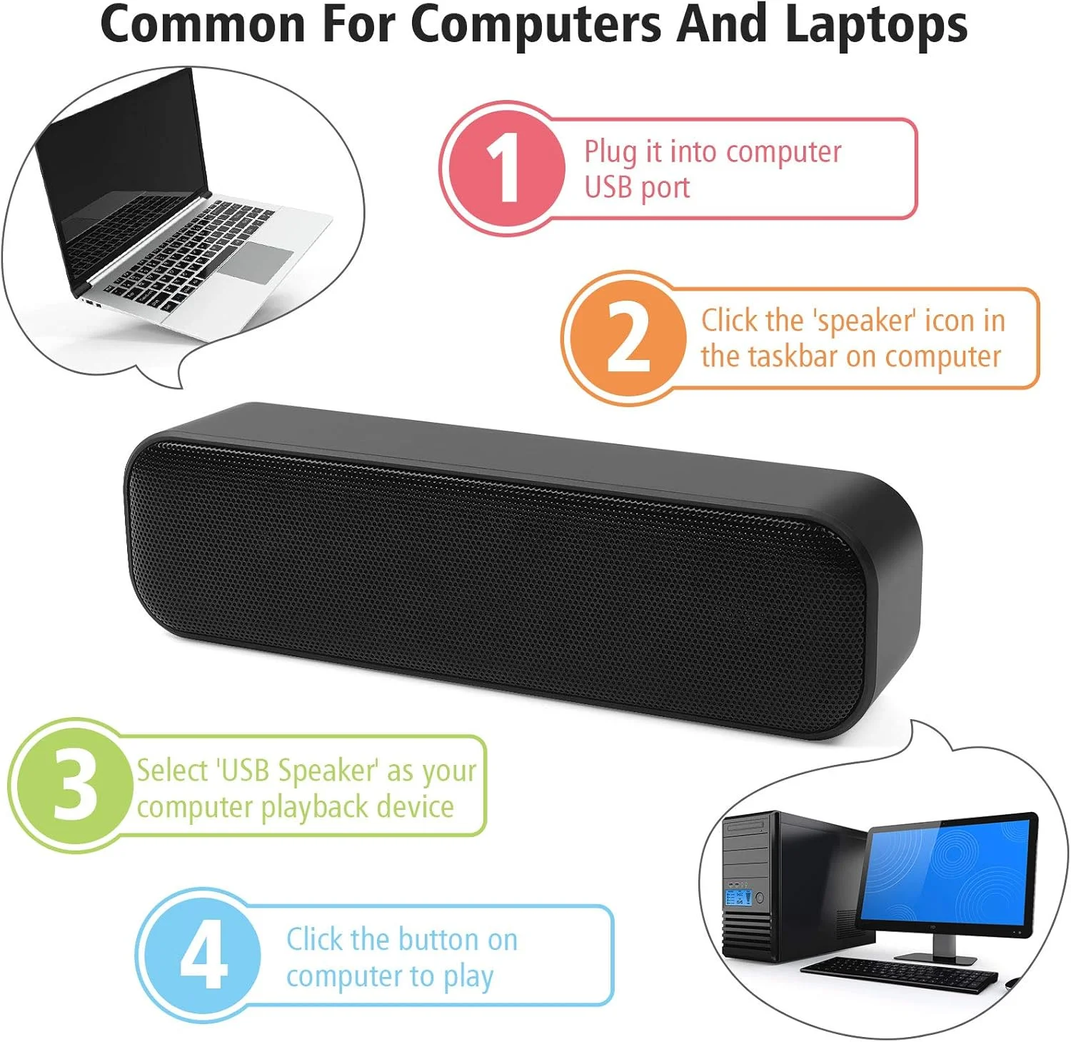 اسپیکر کامپیوتر USB Umitive، مینی ساندبار قابل حمل با صدای استریو فراگیر سه بعدی، سازگاری گسترده، اتصال آسان، طراحی ضد لغزش، اسپیکرهای لپ تاپ با تغذیه USB برای لپ تاپ و کامپیوتر رومیزی، مناسب برای صندوق فروشگاه