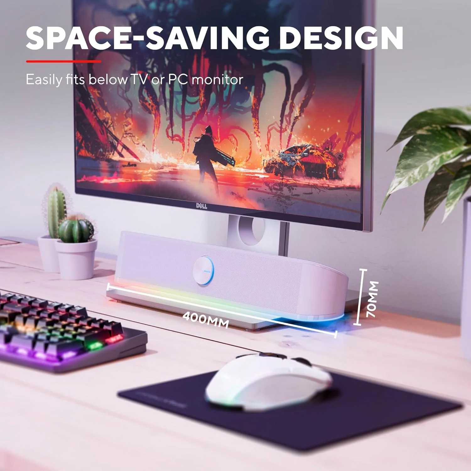 نوار صوتی گیمینگ تراست GXT 619W Thorne با نورپردازی RGB، 12 وات، بلندگوهای استریو کامپیوتر، جک 3.5 میلی متری AUX، بلندگوی USB 2.0 جمع و جور برای کامپیوتر رومیزی، لپ تاپ - سفید