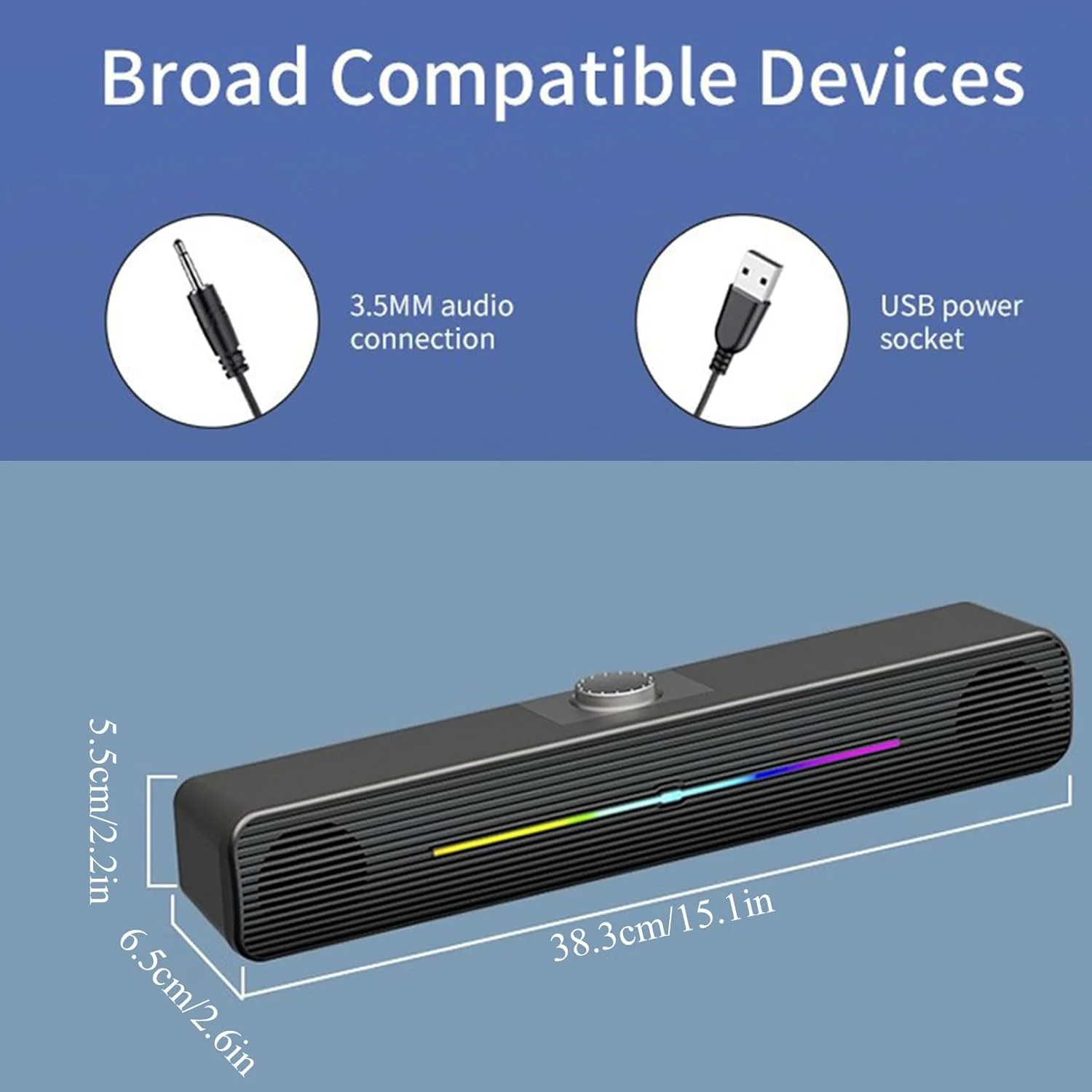 اسپیکر کامپیوتر/لپ تاپ TokFaa برای مانیتور دسکتاپ کامپیوتر، ساندبار کامپیوتر - تغذیه از طریق USB، پلاگین AUX 3.5 میلی متری -n-Play، صدای استریو فوق العاده، با نورپردازی RGB گرادیانی (مشکی)
