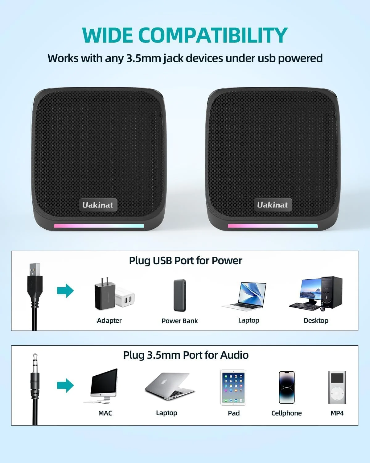 اسپیکر کامپیوتر Uakinat مدل E-1078، USB و AUX، مشکی، طراحی مدرن، اسپیکر برای کامپیوتر، لپ تاپ، تبلت، تلفن