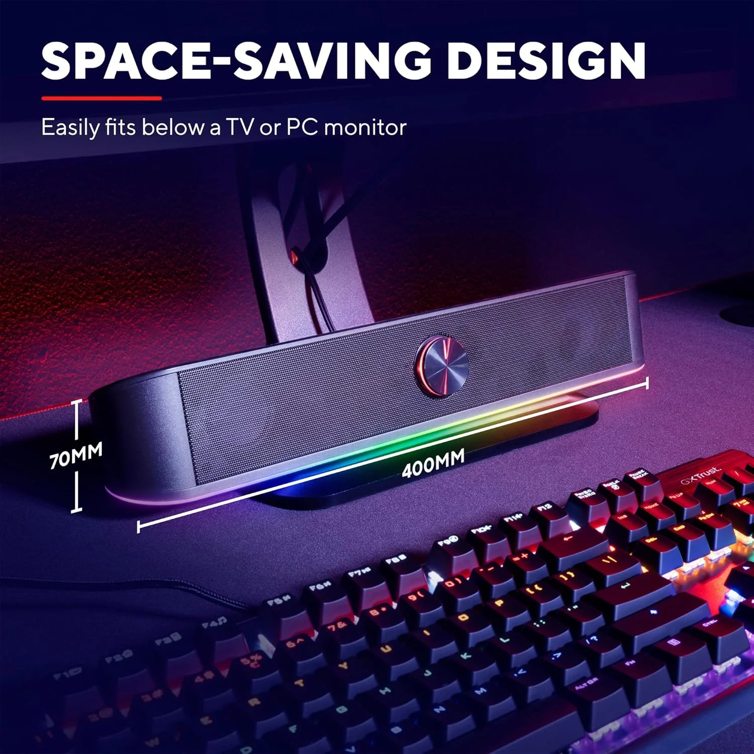 نوار صوتی نورانی RGB تراست گیمینگ GXT 619 Thorne، بلندگوهای کامپیوتر، توان خروجی 12 وات، جک 3.5 میلی‌متری، نوار صوتی با تغذیه USB، سیستم صوتی استریو برای کامپیوتر، دسکتاپ، لپ‌تاپ - مشکی