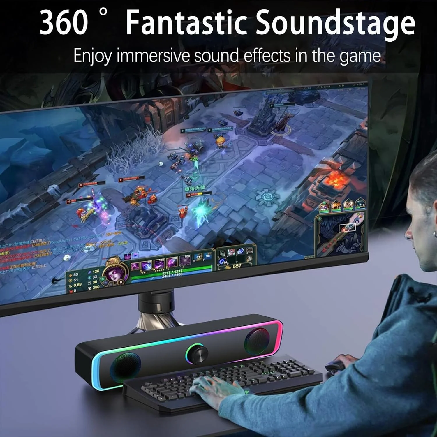 اسپیکر کامپیوتر TERRIFI برای مانیتور دسکتاپ کامپیوتر، بلوتوث 5.3، ساندبار کامپیوتر با تغذیه USB با نور LED RGB، کنترل صدا با دکمه، ورودی Aux 3.5 میلی متری، اسپیکرهای استریو HiFi برای بازی