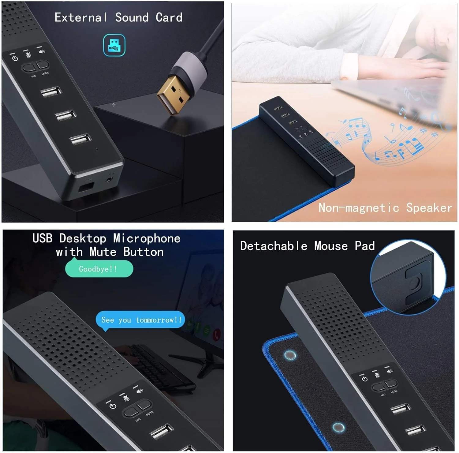 اسپیکر کامپیوتر 3 در 1 TERRIFI با میکروفون، اسپیکرهای USB برای دفتر کار هوشمند و مطالعه آنلاین، اسپیکرهای رومیزی خارجی قابل حمل با هاب، Plug & Play