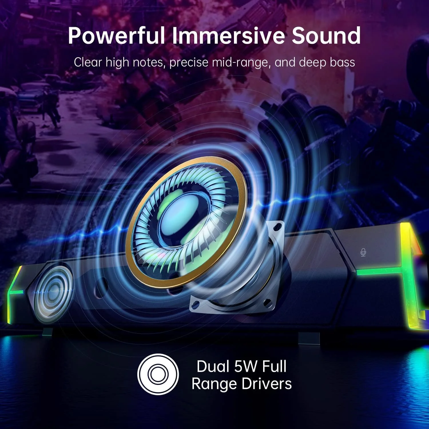 اسپیکر کامپیوتر TERRIFI برای مانیتور رومیزی کامپیوتر، ساندبار بلوتوث RGB پویا، اسپیکرهای کامپیوتر بلوتوث و USB با میکروفون، اسپیکرهای استریو HiFi گیمینگ برای دسکتاپ