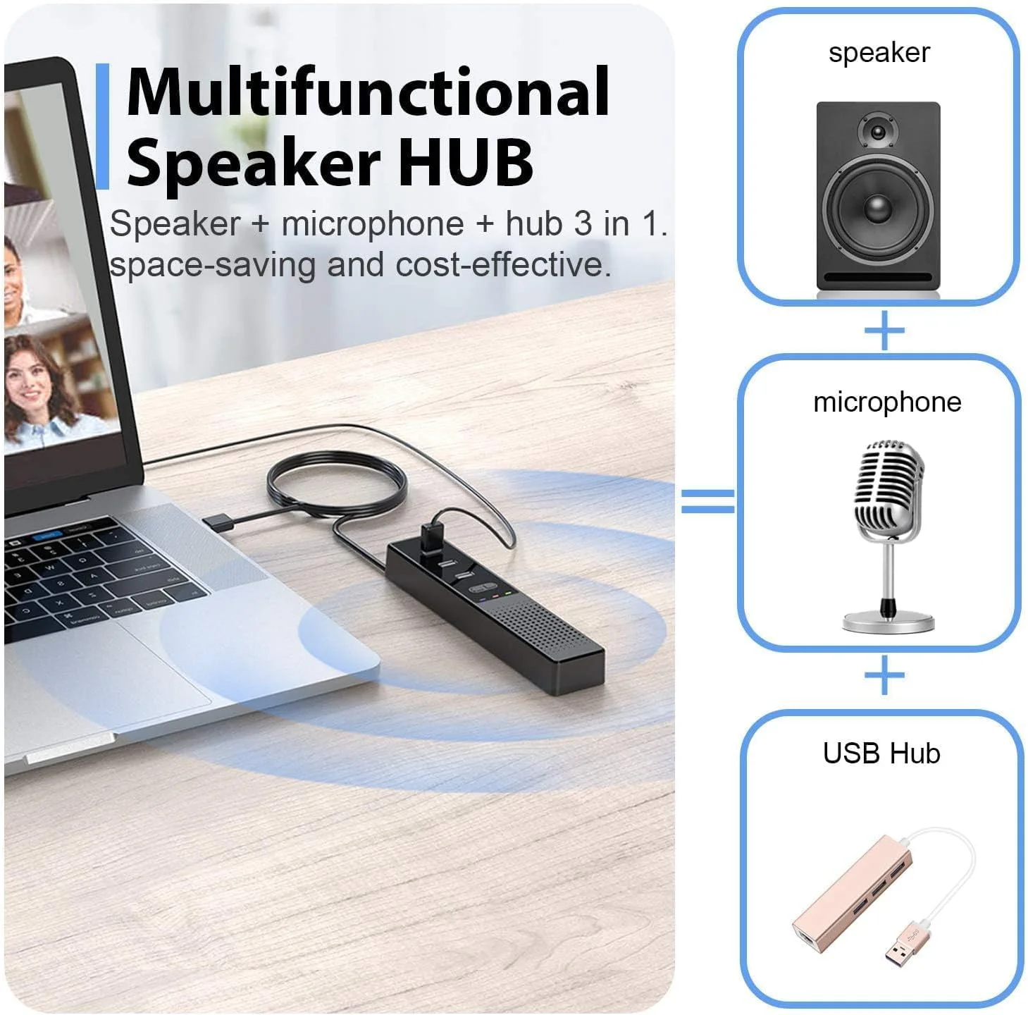 اسپیکر کامپیوتر 3 در 1 TERRIFI با میکروفون، اسپیکرهای USB برای دفتر کار هوشمند و مطالعه آنلاین، اسپیکرهای رومیزی خارجی قابل حمل با هاب، Plug & Play