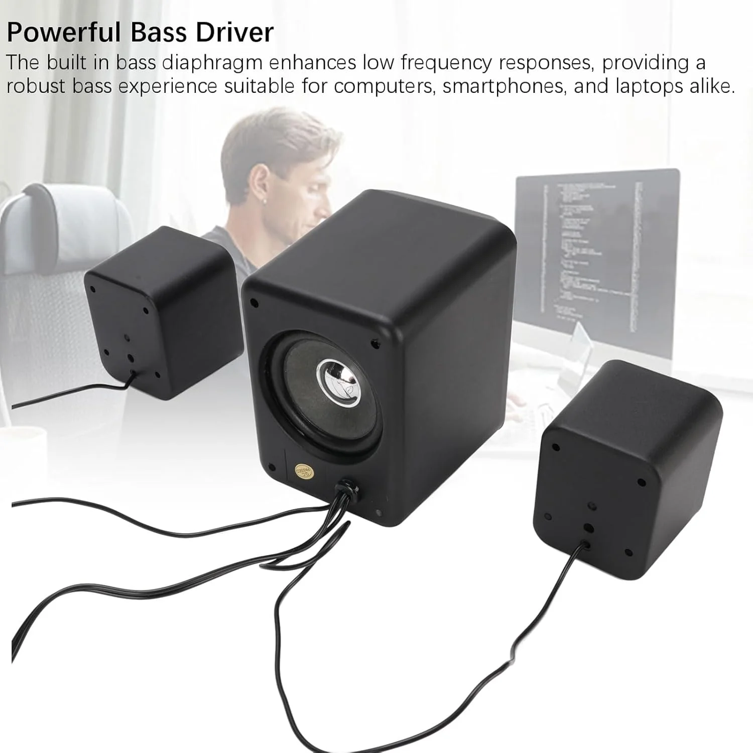 اسپیکر استریو باس 2.1، اسپیکرهای کامپیوتر USB برای لپ تاپ و تلفن رومیزی، اسپیکرهای رومیزی با کنترل حجم صدای فراگیر 360 درجه، سیستم سینمای خانگی