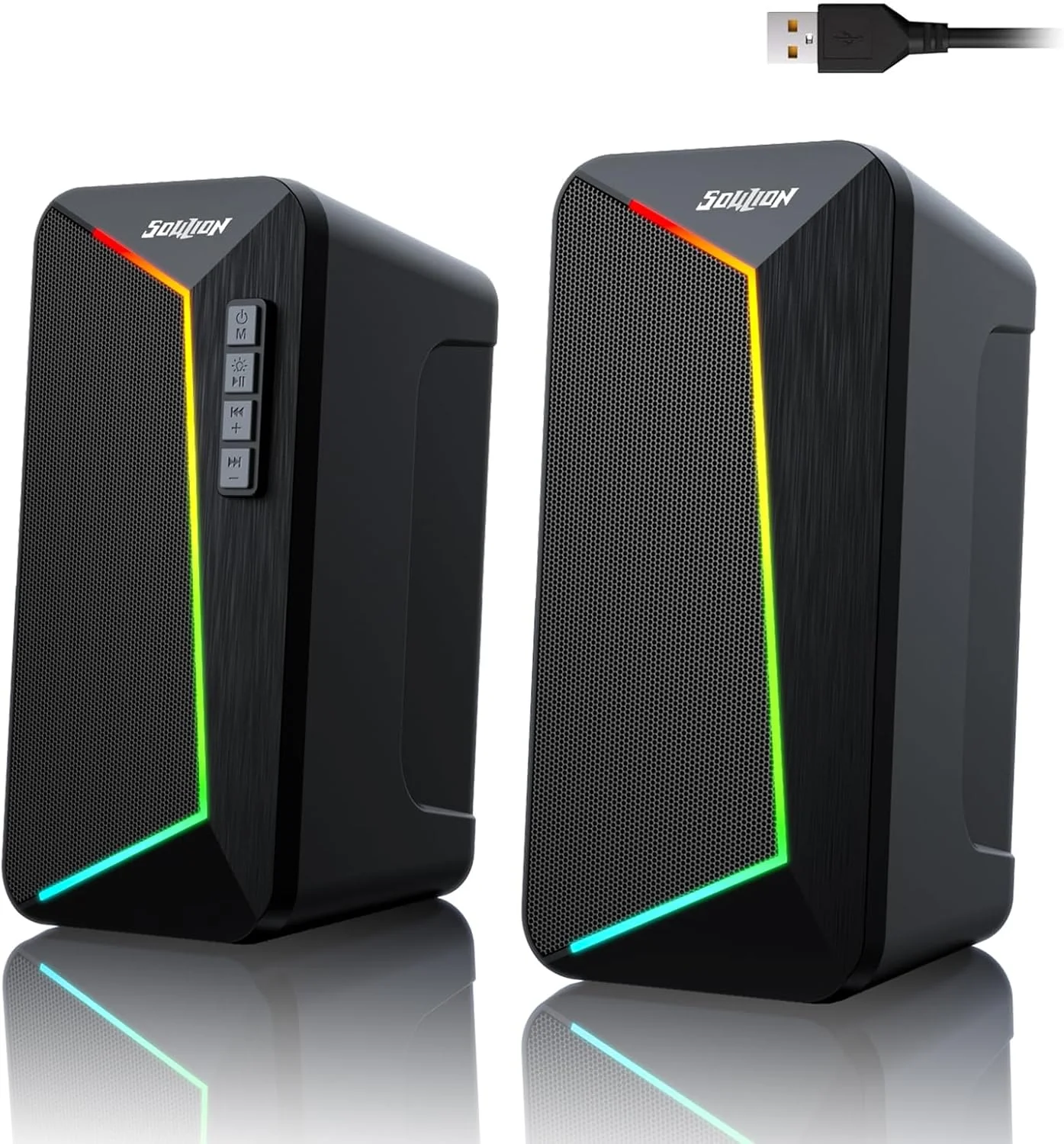 اسپیکر کامپیوتر SOULION R40، اسپیکر دسکتاپ USB/Bluetooth V5.3 برای مانیتور کامپیوتر، بازی، با 6 جلوه نورپردازی قابل تنظیم، استریو فراگیر 2.0 کاناله و بیس با کیفیت