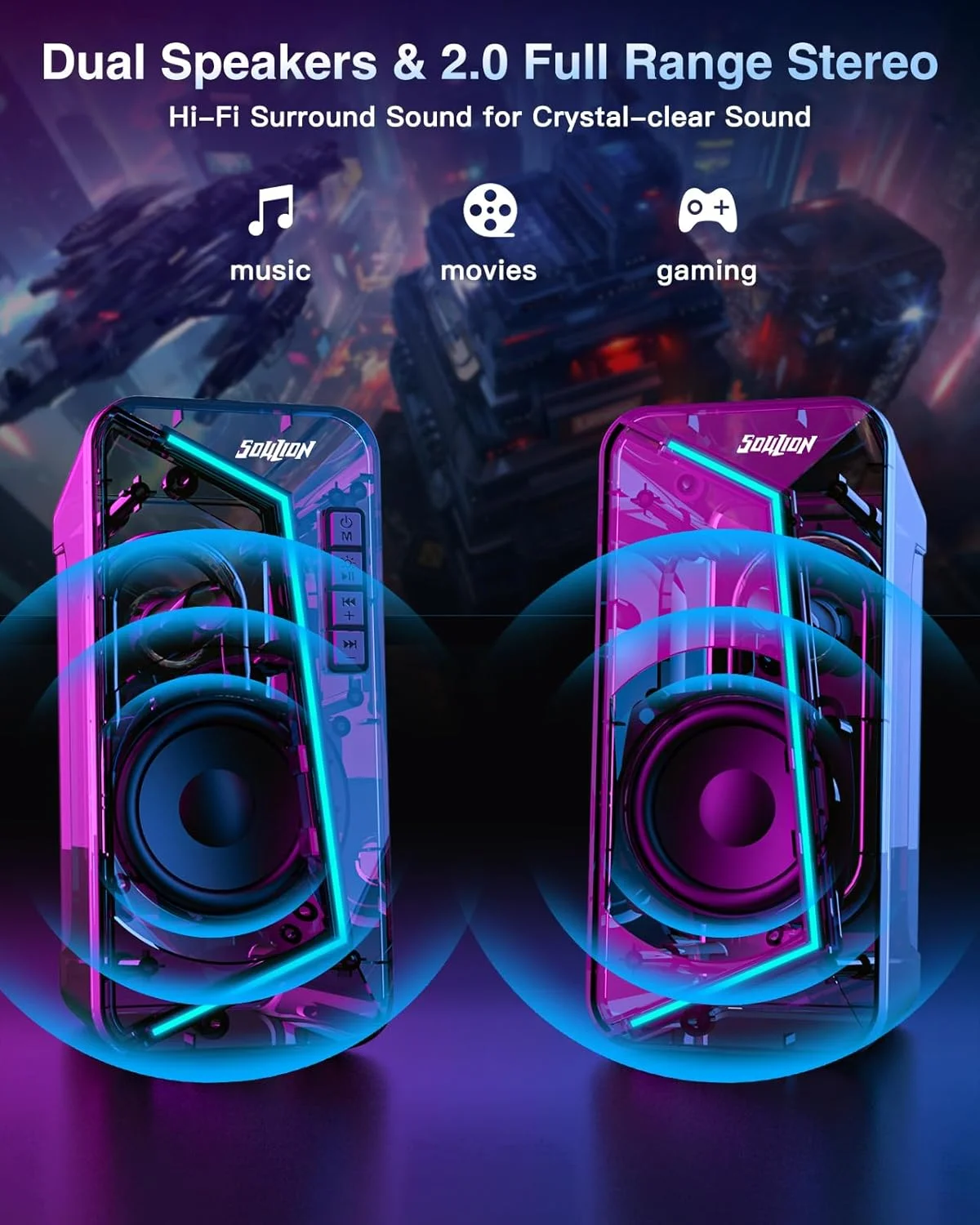 اسپیکر کامپیوتر SOULION R40، اسپیکر دسکتاپ USB/Bluetooth V5.3 برای مانیتور کامپیوتر، بازی، با 6 جلوه نورپردازی قابل تنظیم، استریو فراگیر 2.0 کاناله و بیس با کیفیت