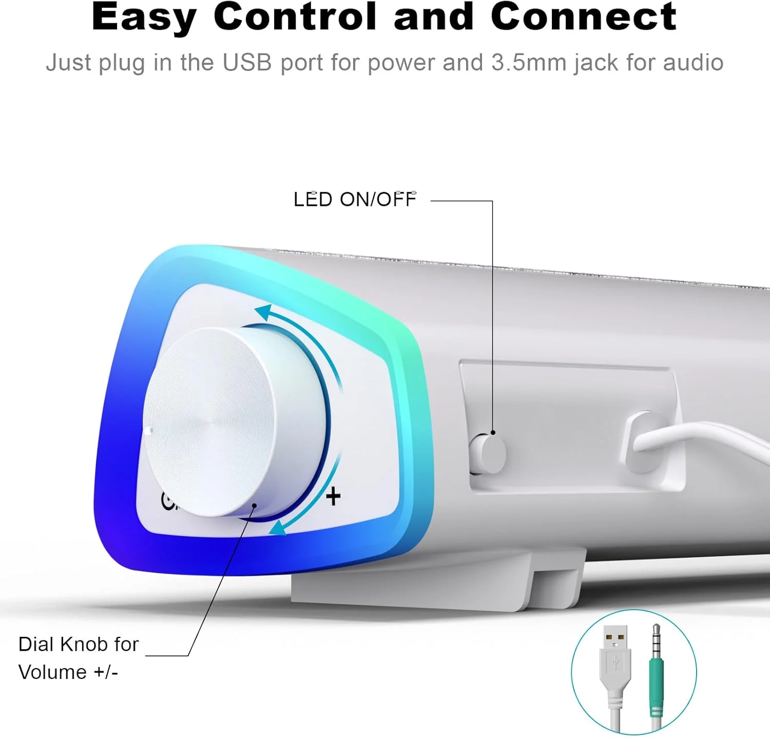 اسپیکر کامپیوتر SOULION R30، اسپیکر کوچک رایانه با تغذیه USB، چراغ های LED رنگارنگ با دکمه سوئیچ، صدای فراگیر، اسپیکر ساندبار قابل حمل برای لپ تاپ های رومیزی، سفید