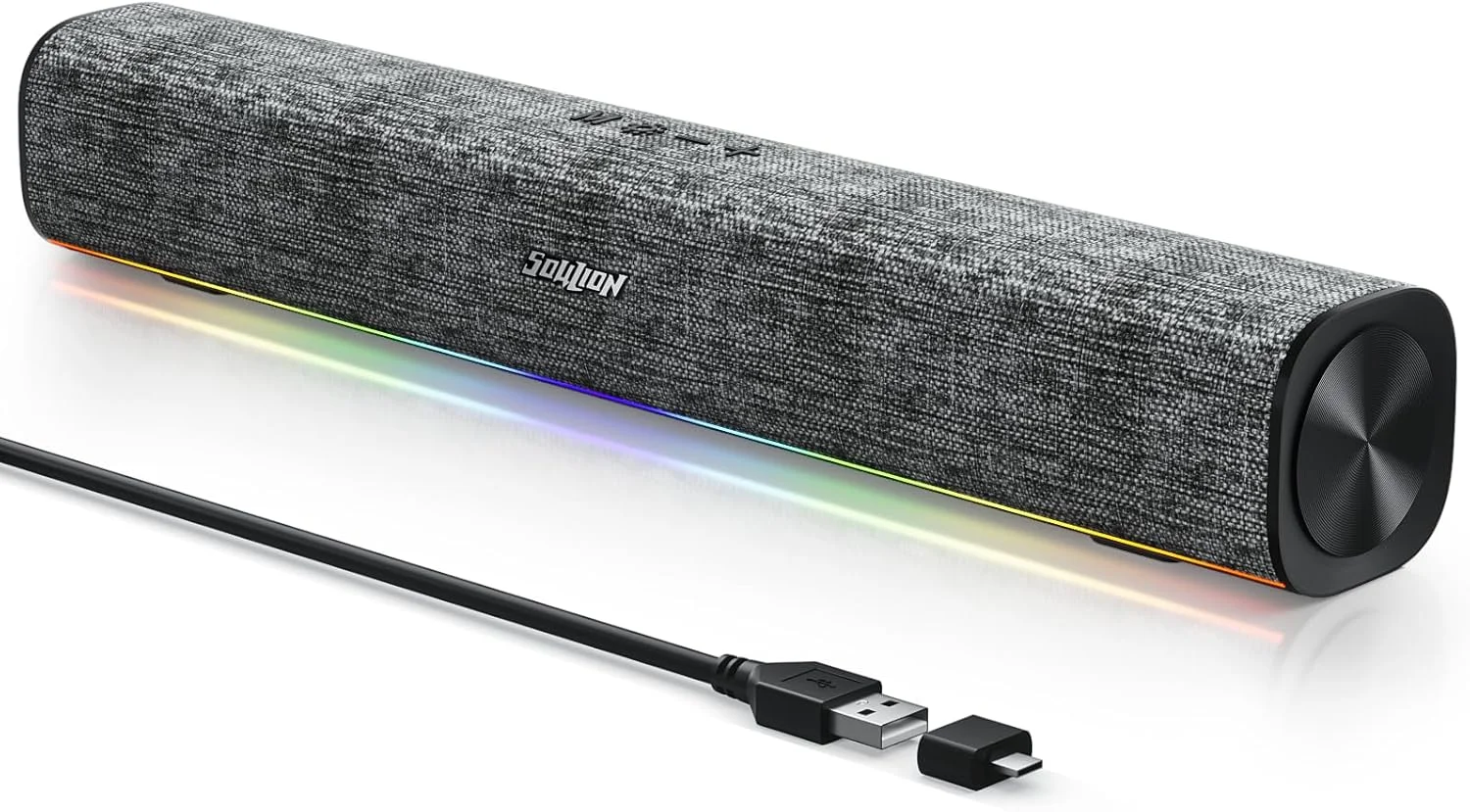 اسپیکر کامپیوتر بلوتوثی SOULION R100 با نورپردازی LED پویا، اسپیکر های USB Plug & Play برای کامپیوتر با دکمه سوئیچ، ساندبار صدای شفاف برای مانیتور لپ تاپ (شامل آداپتور USB-C به USB)