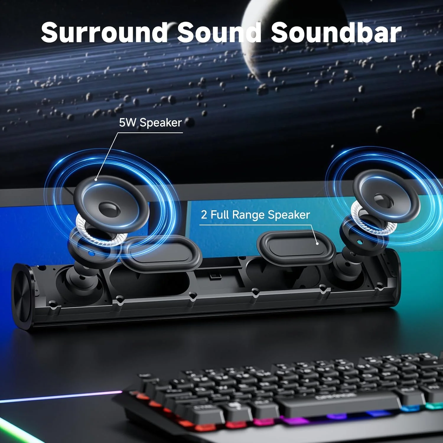 اسپیکر کامپیوتر بلوتوثی SOULION R100 با نورپردازی LED پویا، اسپیکر های USB Plug & Play برای کامپیوتر با دکمه سوئیچ، ساندبار صدای شفاف برای مانیتور لپ تاپ (شامل آداپتور USB-C به USB)