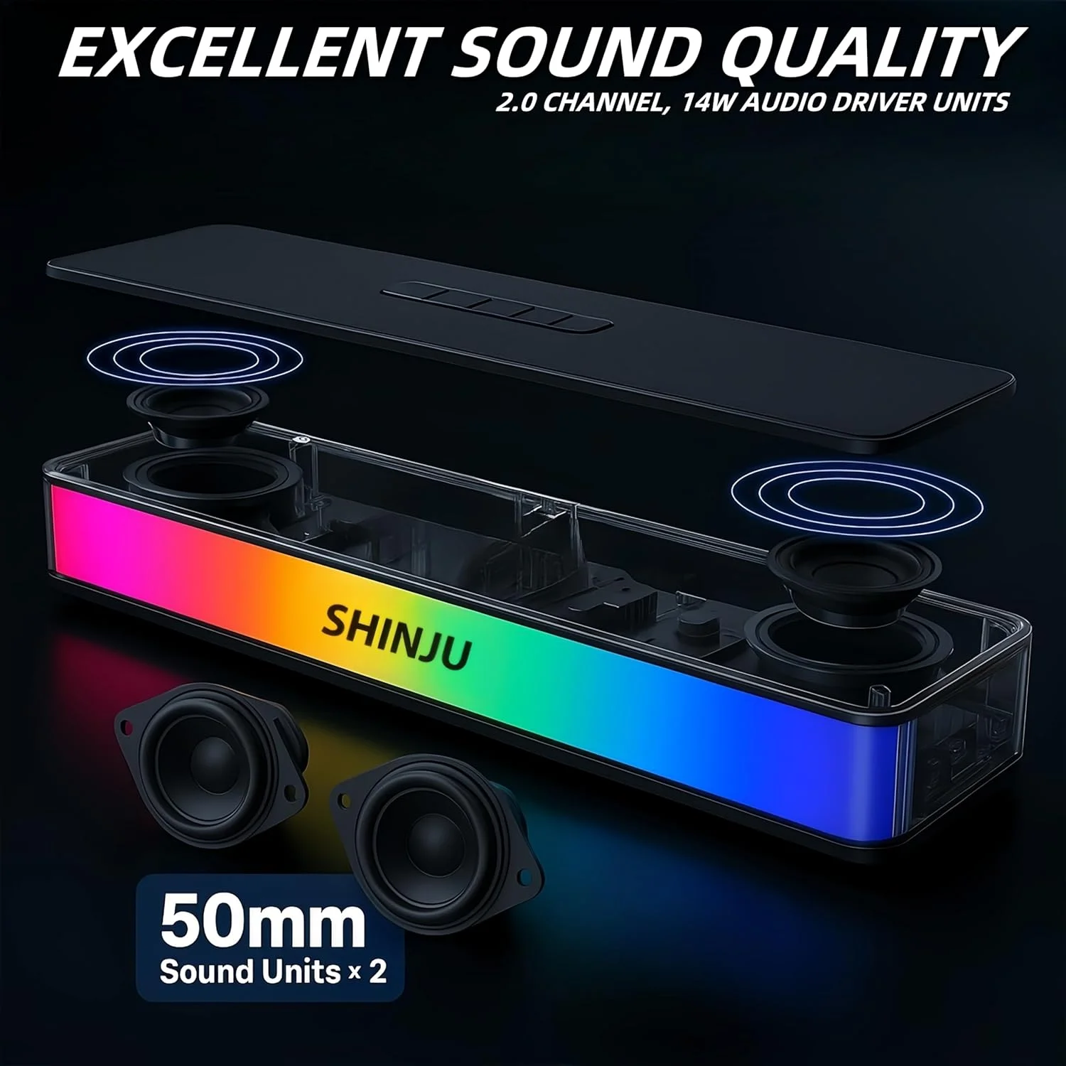 اسپیکر کامپیوتر RGB ShinJu برای لوازم جانبی بازی رایانه شخصی رومیزی، ساندبار بلوتوث 5.3 برای اسپیکرهای مانیتور، اتصال AUX به جک 3.5 میلی‌متری / USB / کارت TF، اسپیکرهای گیمینگ برای کامپیوتر، Bocinas para PC Gamer