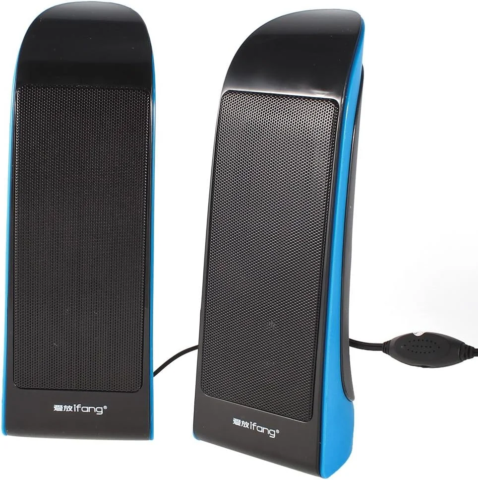 جفت اسپیکر مینی رومیزی آبی مشکی با کنترل صدا، USB 2.0 مناسب لپ تاپ و کامپیوتر