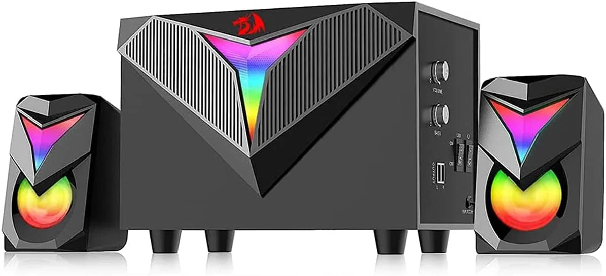 اسپیکر ساب ووفر گیمینگ 2.1 کاناله RGB رِدراگون مدل GS700 Toccata – استریو فراگیر Aux 3.5mm – بلندگوهای صدای باس سنگین برای کامپیوتر