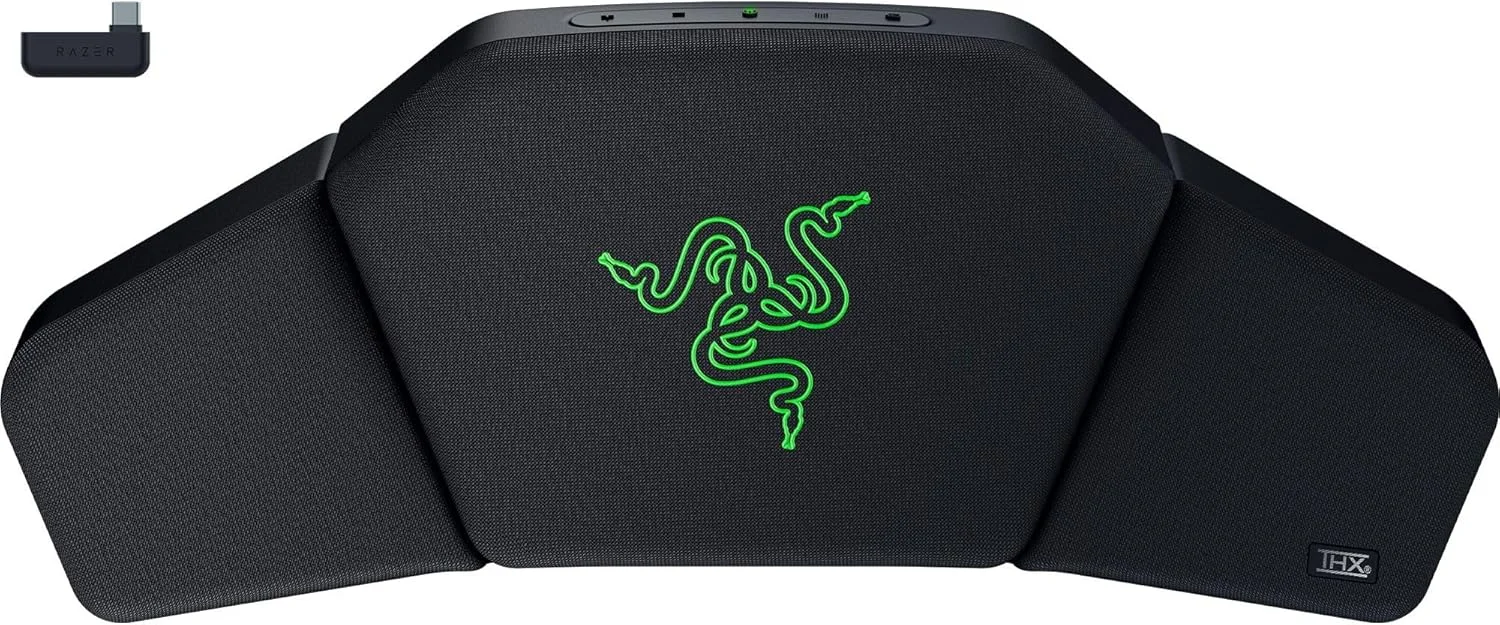 بالشتک سر اسپیکر بی‌سیم Razer Clio با صدای فضایی THX: دارای دو اسپیکر یکپارچه میدان نزدیک، 3 حالت EQ مجزا، دو درایور 43 میلی‌متری فول رنج با مخروط آلومینیومی - مشکی